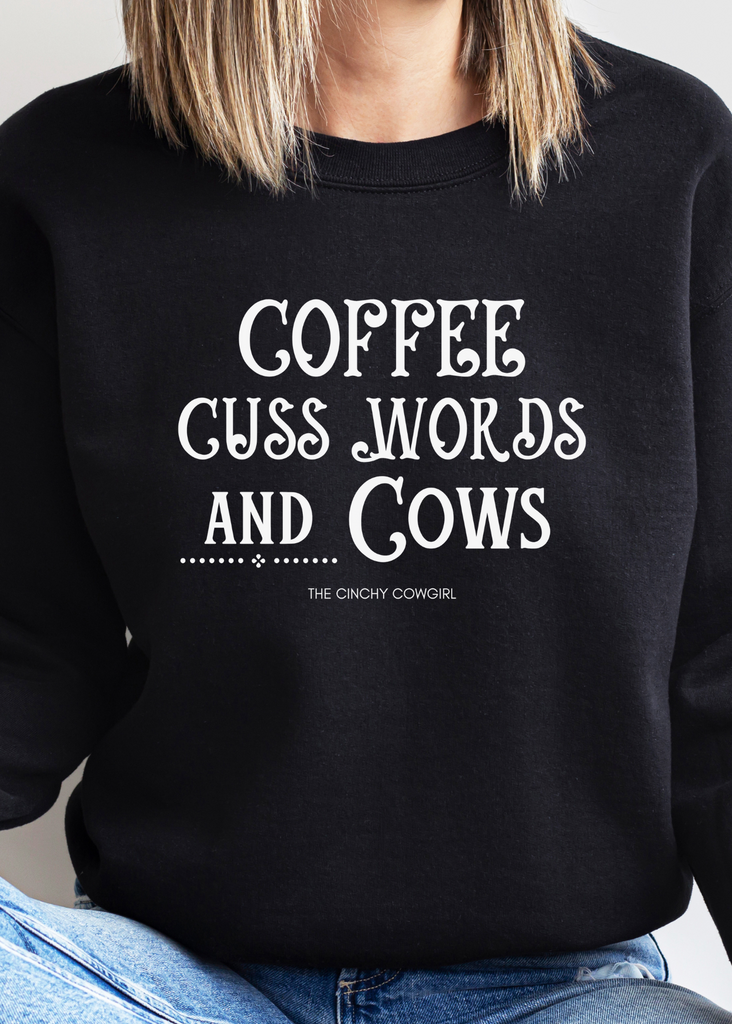 Coffee Cuss Words & Cows Crewneck Sweatshirt Sweatshirt Printify   