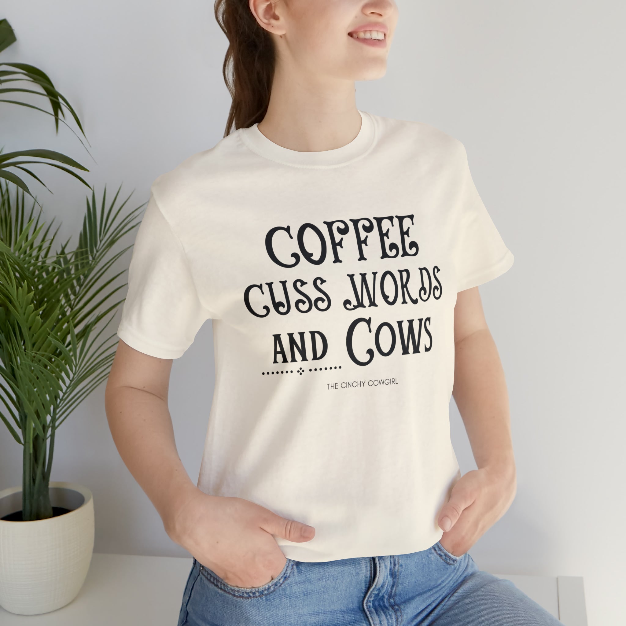 Coffee Cuss Words & Cows Short Sleeve Graphic Tee T-Shirt The Cinchy Cowgirl - Print Natural S