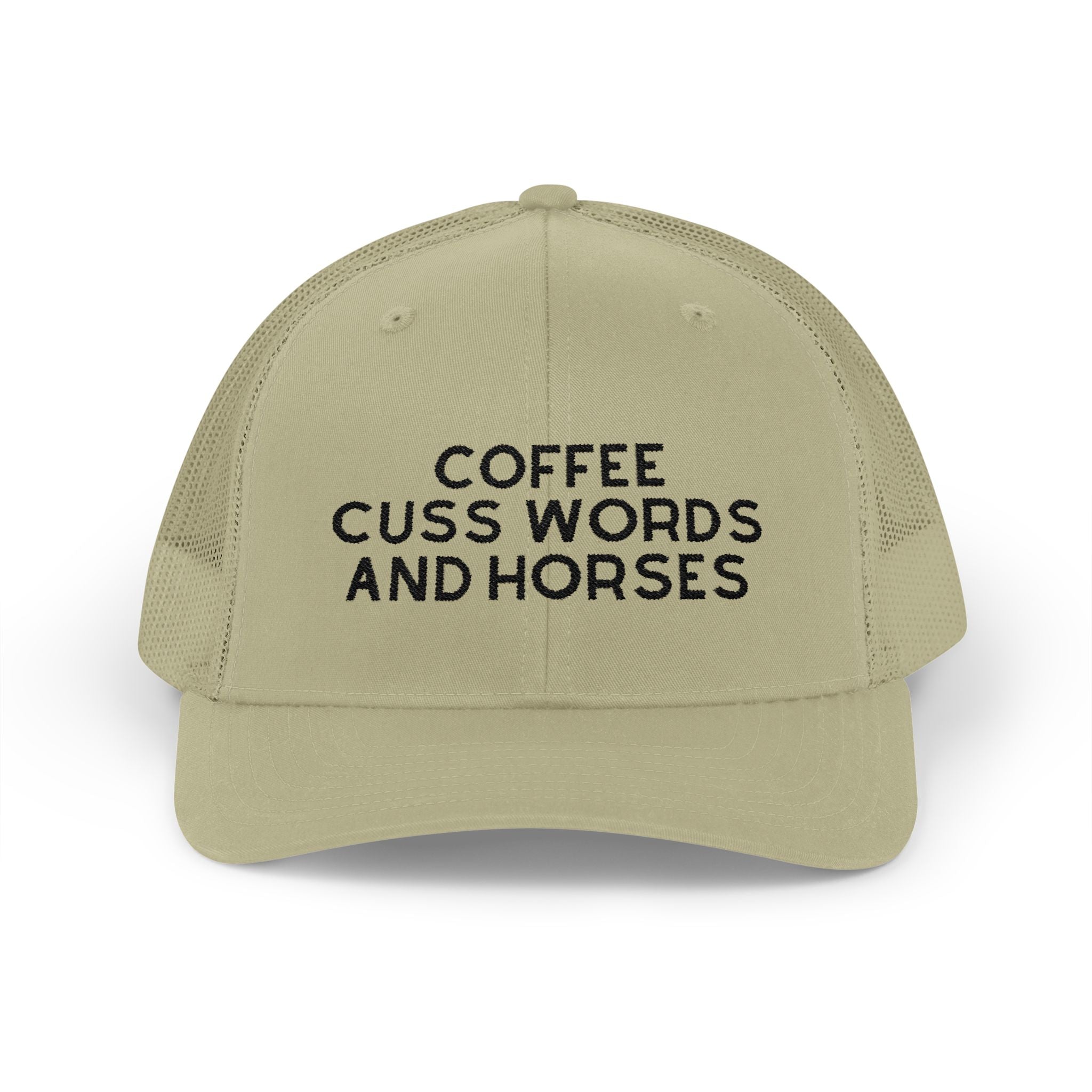 Coffee Cuss Words and Horses Trucker Hat Embroidered TCC Hat The Cinchy Cowgirl - Print Khaki