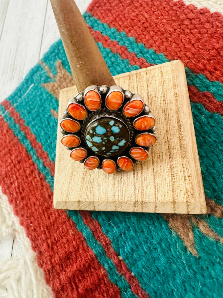 Navajo Sterling Silver, Orange Spiny & Turquoise Cluster Adjustable Ring NT jewelry Nizhoni Traders LLC   