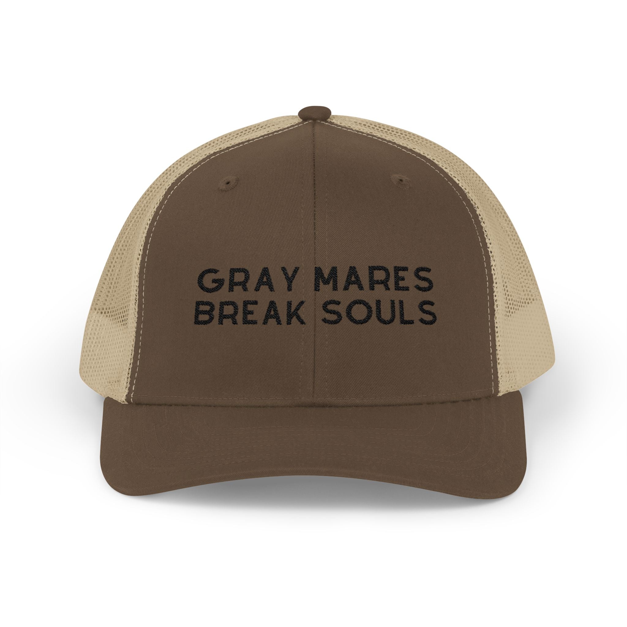 Gray Mares Break Souls Trucker Hat Embroidered TCC Hat The Cinchy Cowgirl - Print Brown / Khaki
