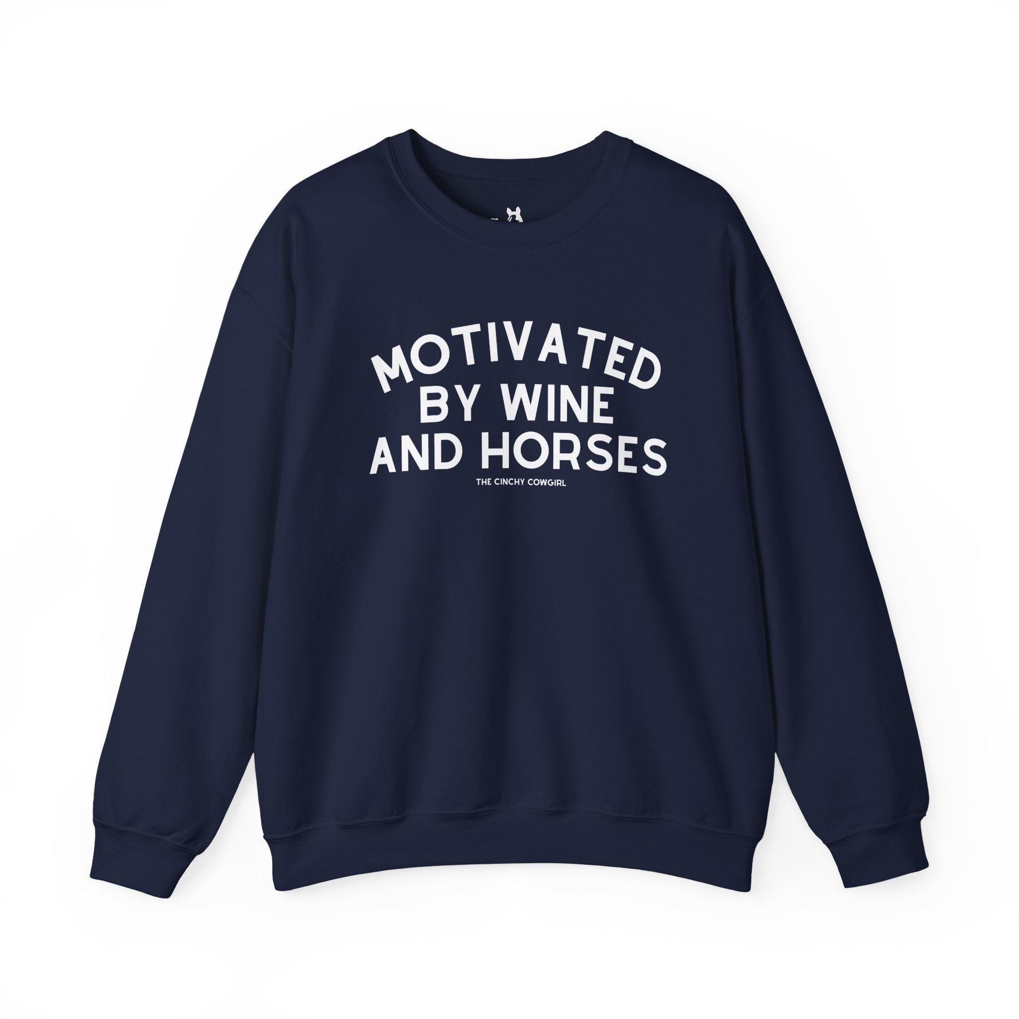 Motivated By Wine & Horses Fleece Pullover Sweatshirt The Cinchy Cowgirl - Print S Navy