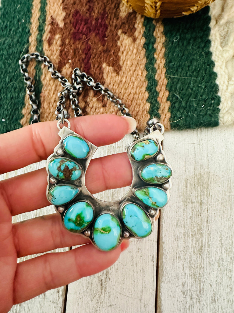 Navajo Sonoran Mountain Turquoise & Sterling Silver Horseshoe Necklace NT jewelry Nizhoni Traders LLC   