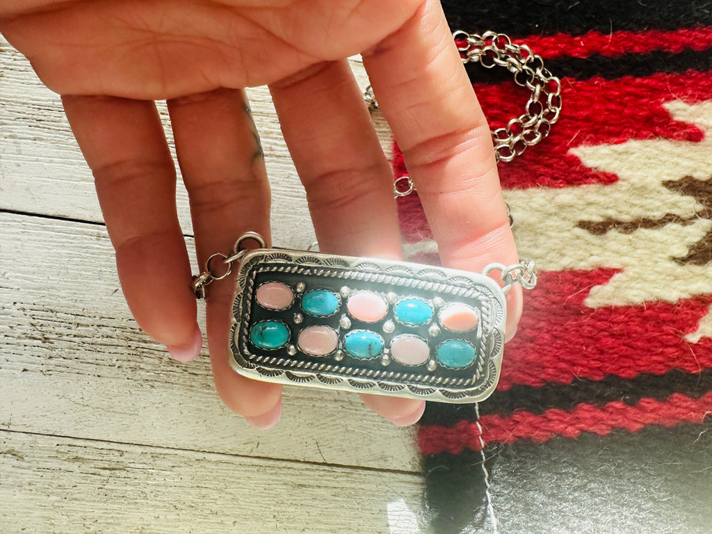 Navajo Sterling Silver, Turquoise & Queen Pink Conch Shell Bar Necklace NT jewelry Nizhoni Traders LLC   