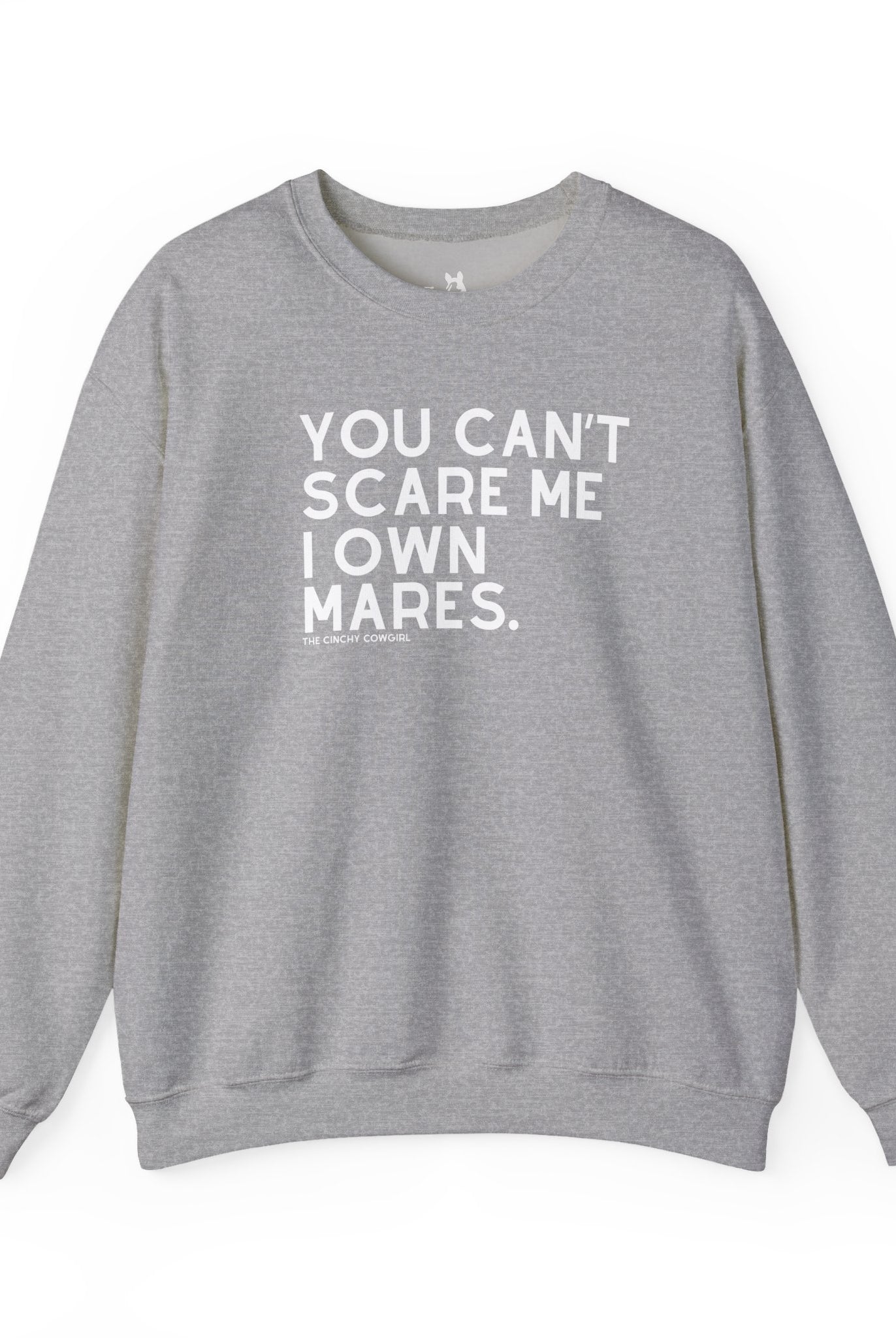 You Can't Scare Me I Own Mares Pullover Sweatshirt The Cinchy Cowgirl - Print S Sport Grey