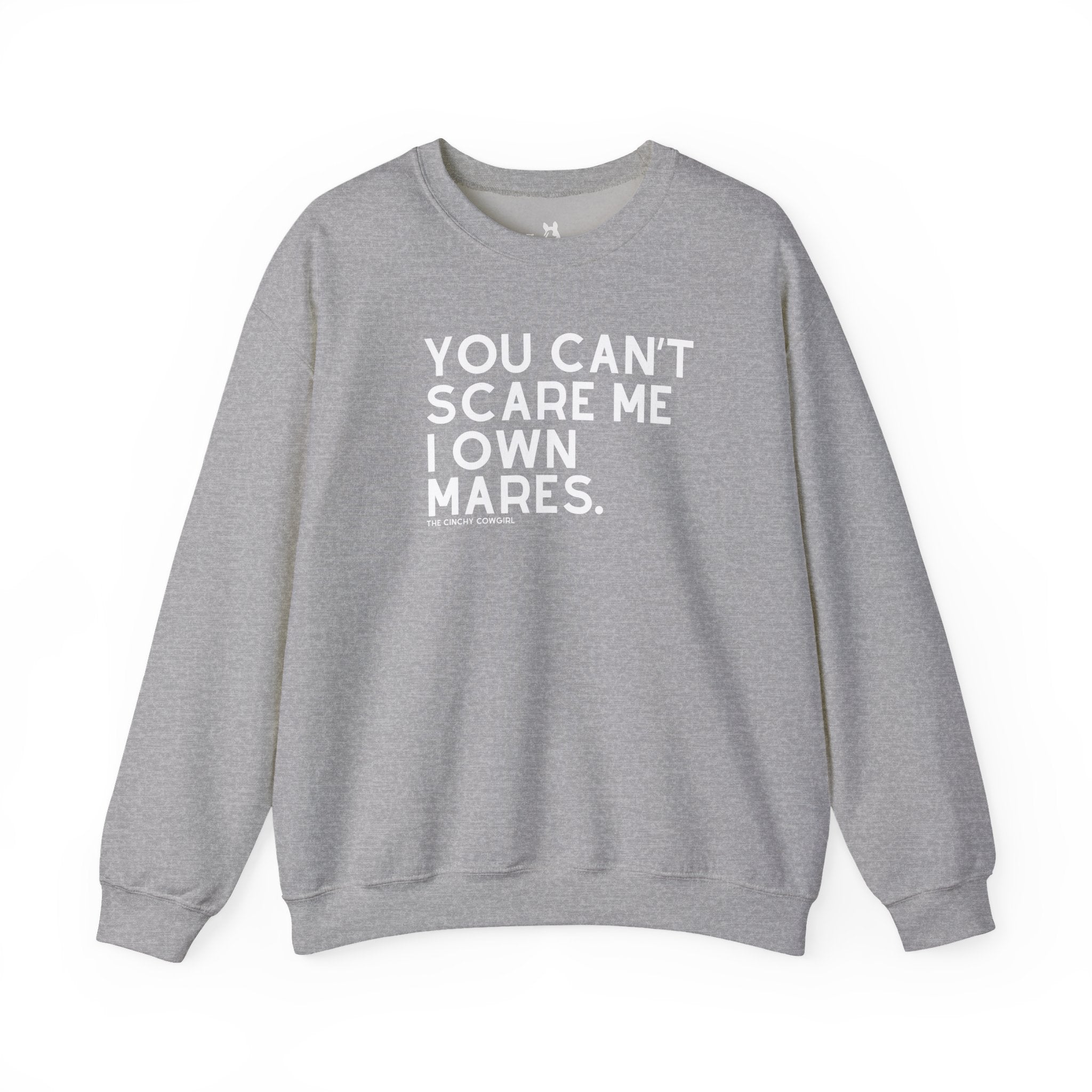 You Can't Scare Me I Own Mares Pullover Sweatshirt The Cinchy Cowgirl - Print S Sport Grey