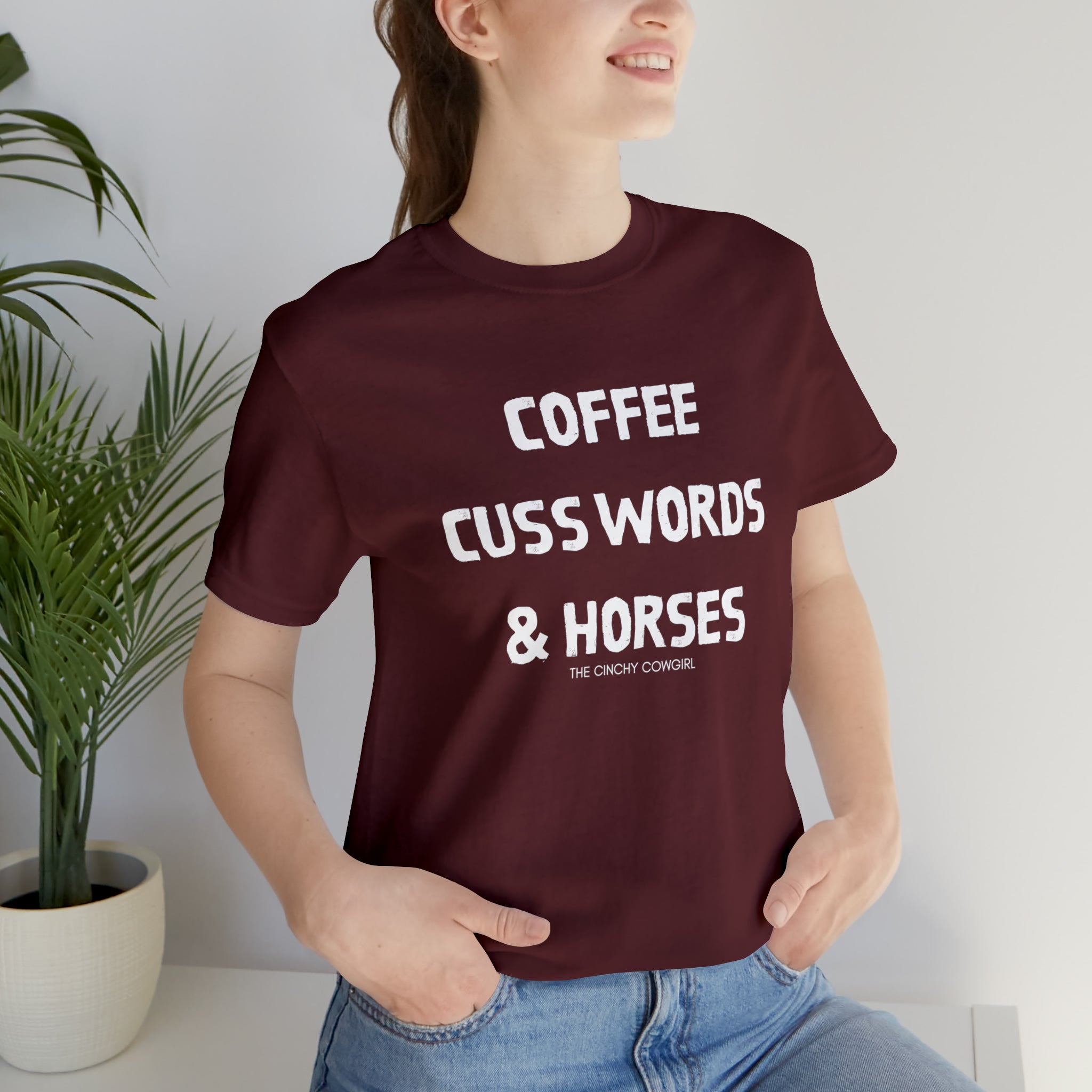 Coffee, Cuss Words, & Horses Short Sleeve Tee tcc graphic tee Printify Maroon XS