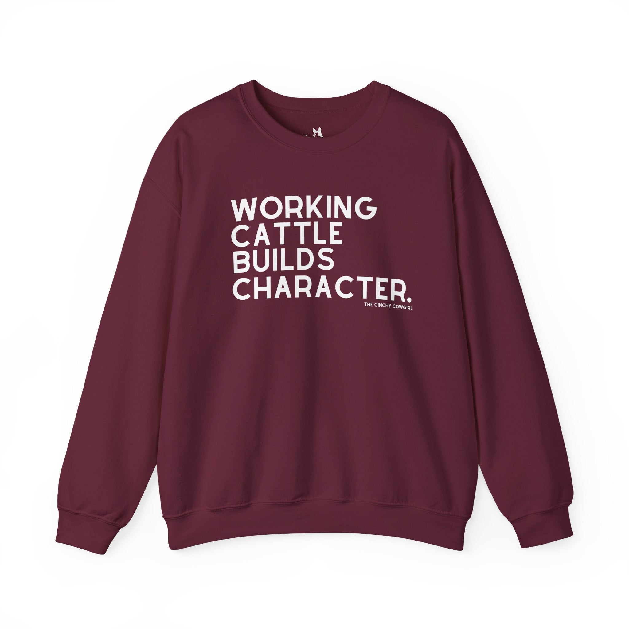Working Cattle Builds Character Pullover Sweatshirt The Cinchy Cowgirl - Print S Maroon