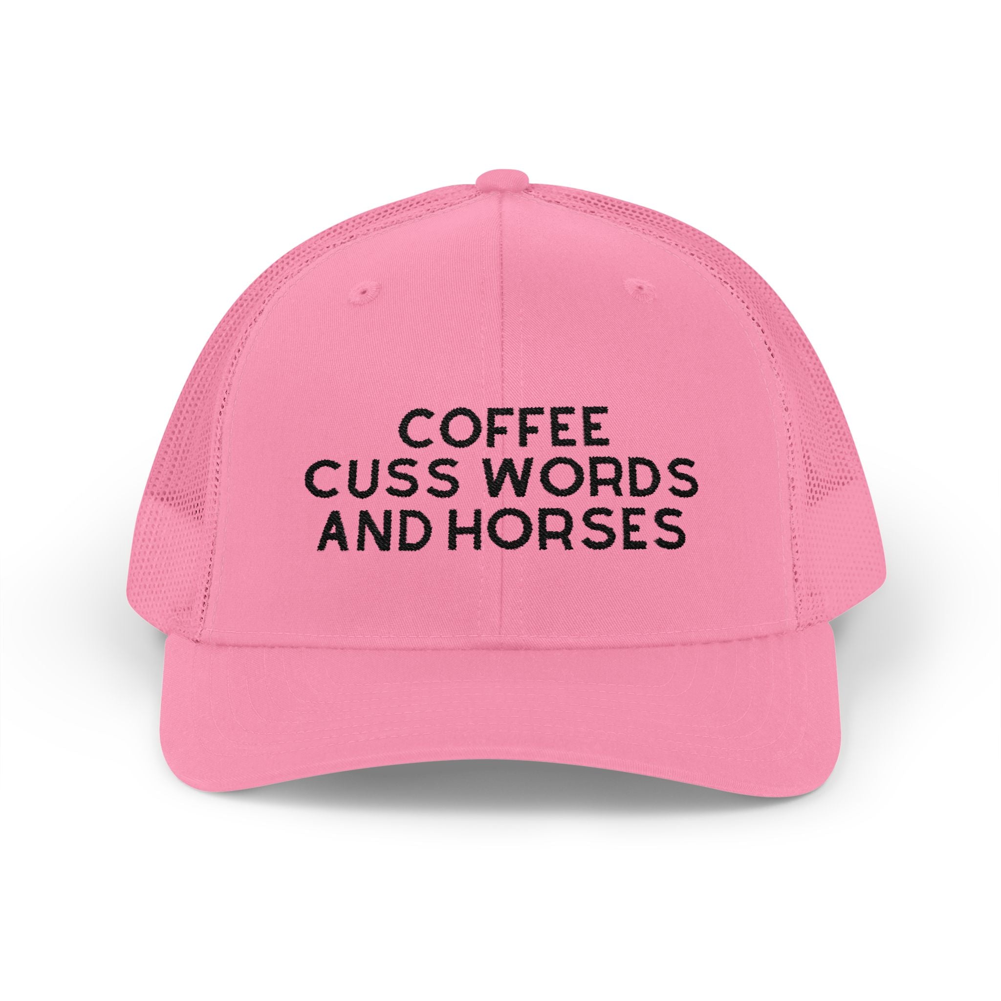 Coffee Cuss Words and Horses Trucker Hat Embroidered TCC Hat The Cinchy Cowgirl - Print Pink