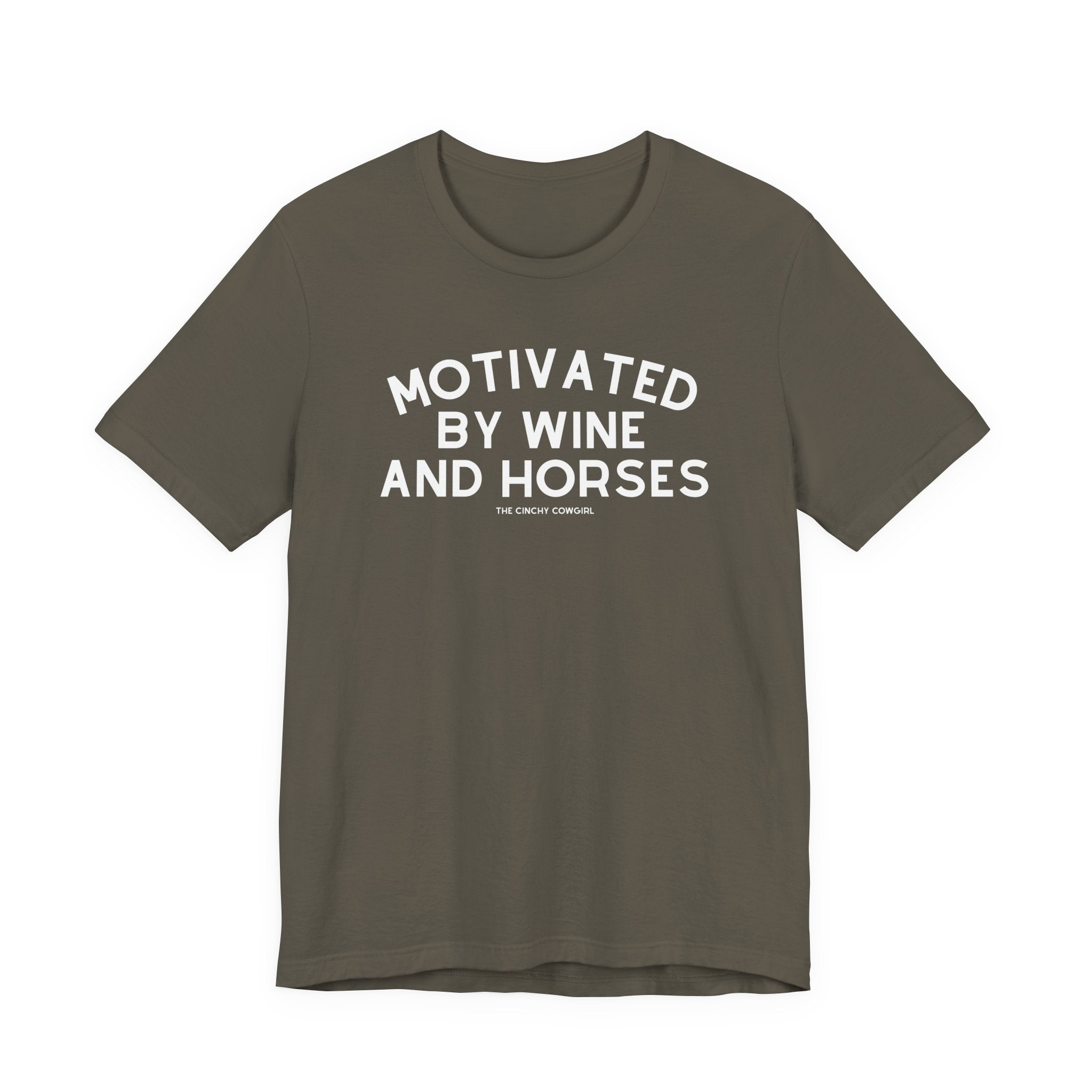 Motivated By Wine & Horses Short Sleeve Tee T-Shirt The Cinchy Cowgirl - Print Army XS