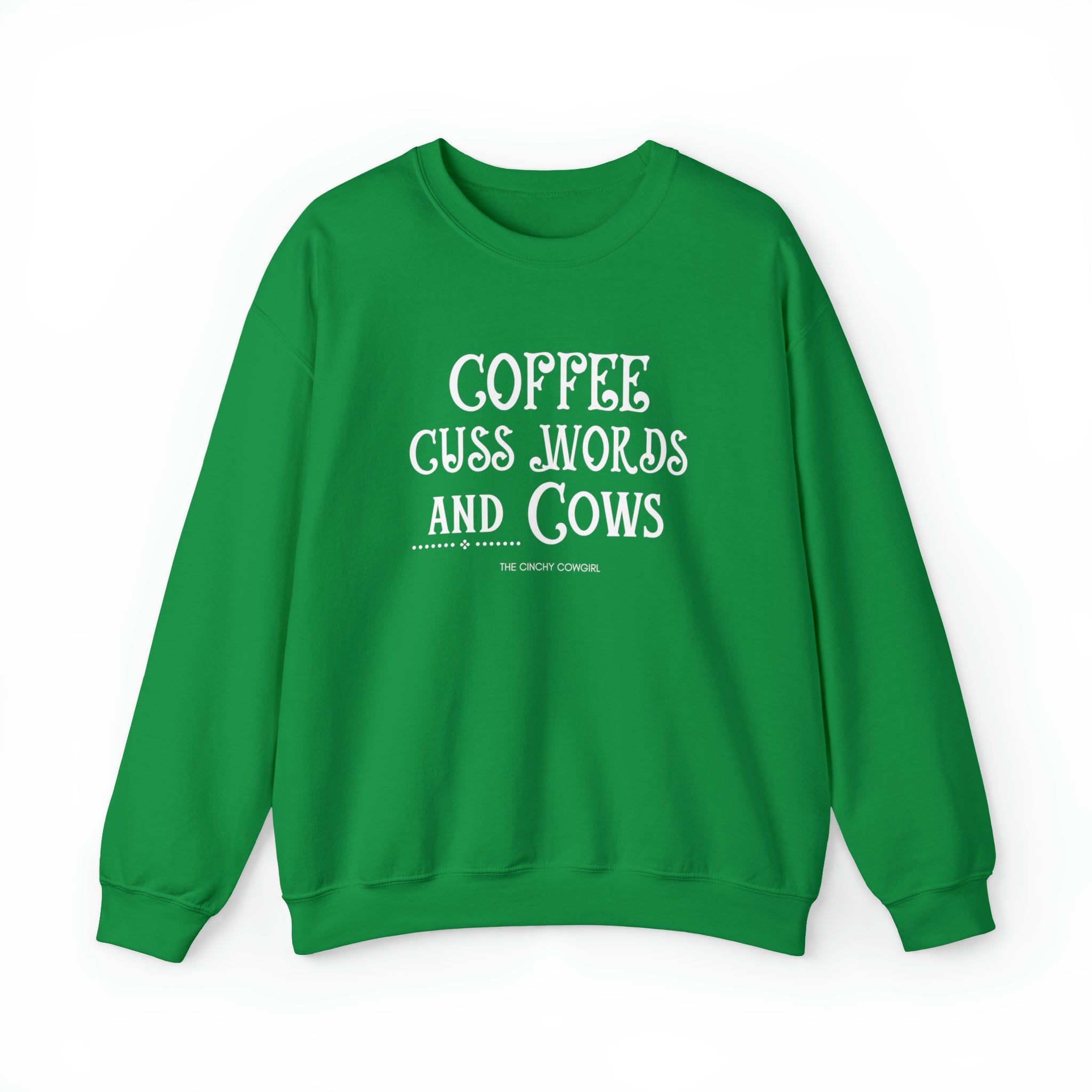 Coffee Cuss Words & Cows Crewneck Sweatshirt Sweatshirt Printify S Irish Green