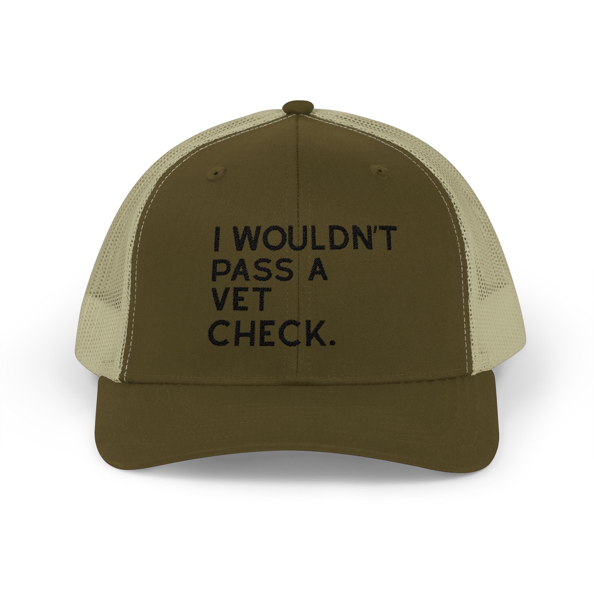 Embroidered I Wouldn't Pass A Vet Check Trucker Hat Embroidered TCC Hat The Cinchy Cowgirl - Print Moss / Khaki