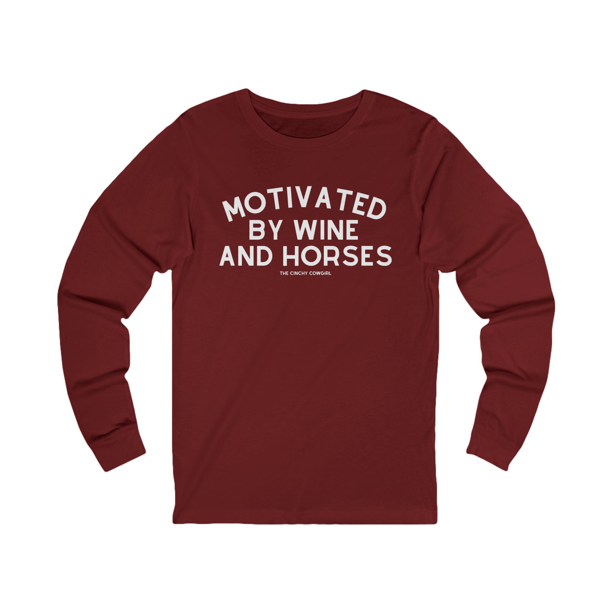 Motivated By Wine And Horses Long Sleeve Tee Long-sleeve The Cinchy Cowgirl - Print S Cardinal