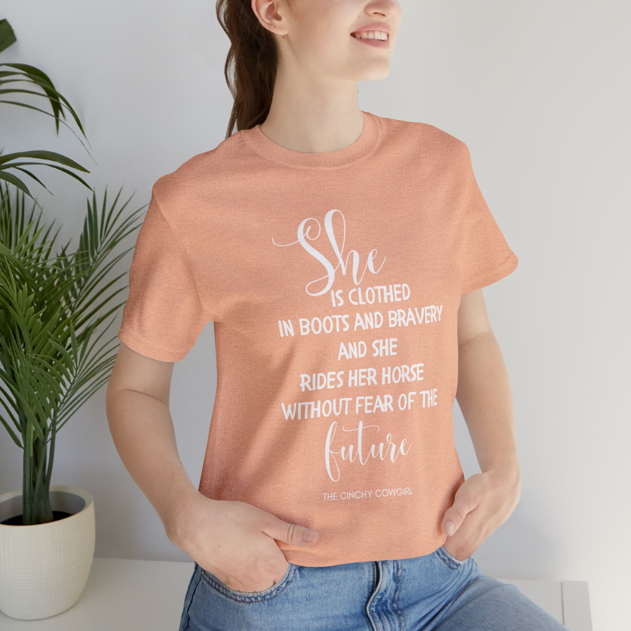 She is Clothed Short Sleeve Tee tcc graphic tee Printify Heather Peach XS
