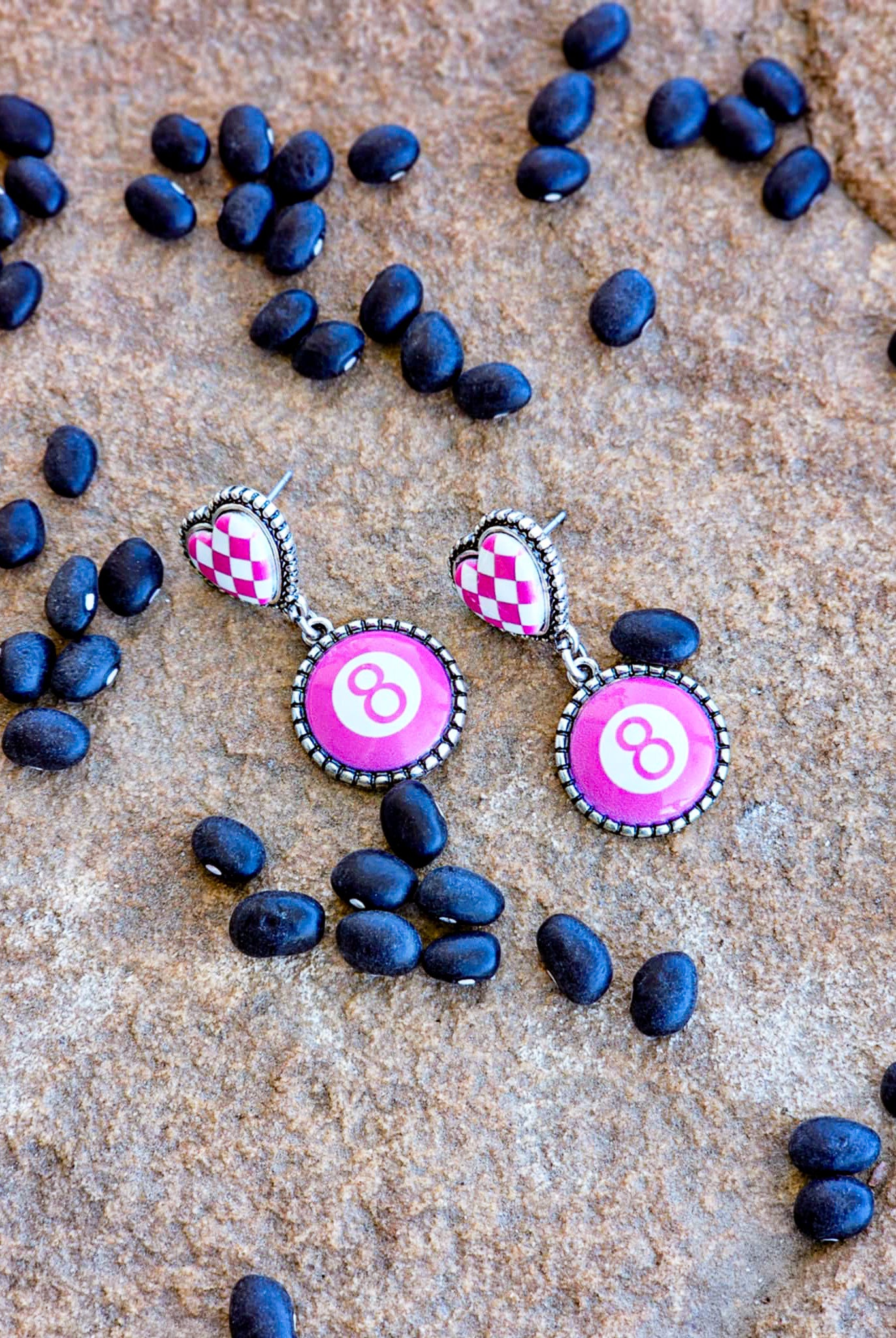 8 Ball With Checker Heart Stud Earrings Earrings Blue Tortoise