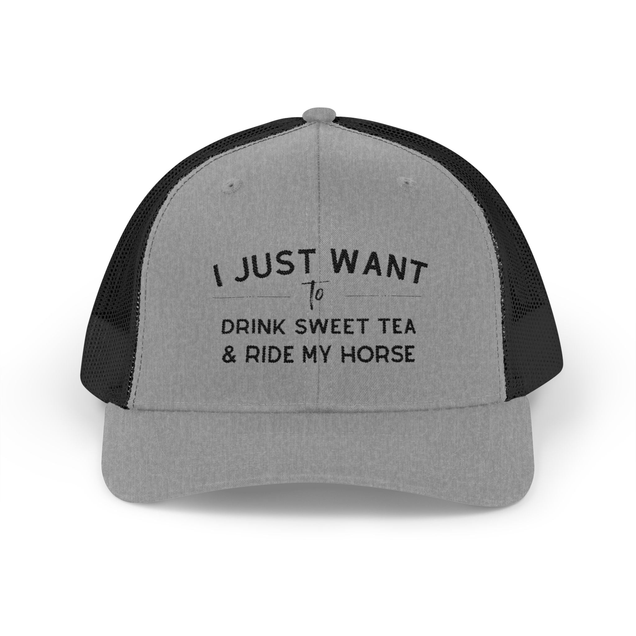 I Just Want To Drink Sweet Tea and Ride My Horse Trucker Hat Hats The Cinchy Cowgirl - Print Heather Grey / Black One size