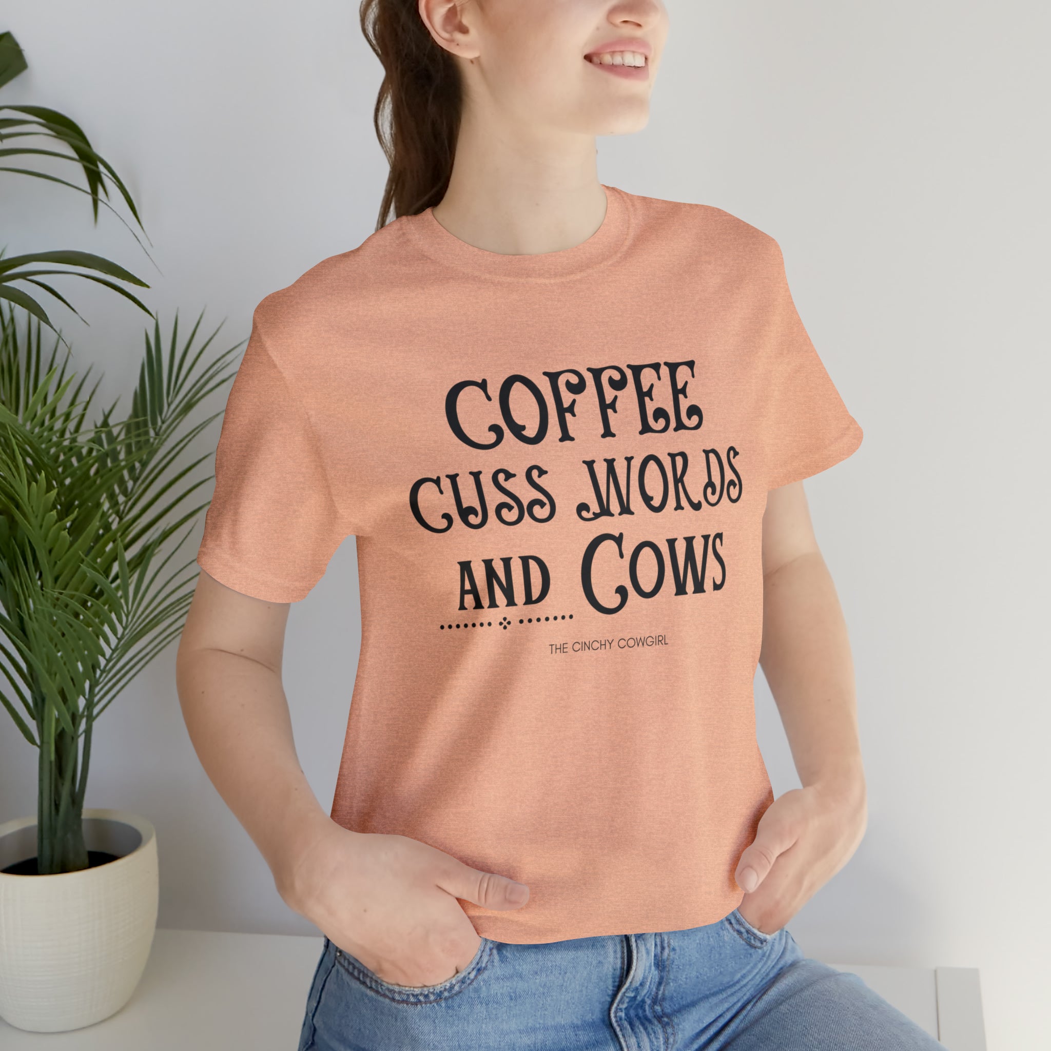 Coffee Cuss Words & Cows Short Sleeve Graphic Tee T-Shirt The Cinchy Cowgirl - Print Heather Peach S
