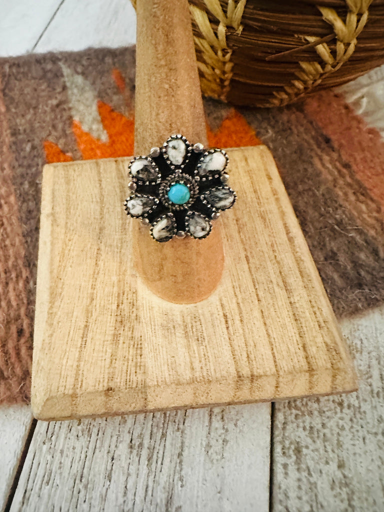 Handmade Wild Horse, Turquoise & Sterling Silver Adjustable Flower Ring NT jewelry Nizhoni Traders LLC   