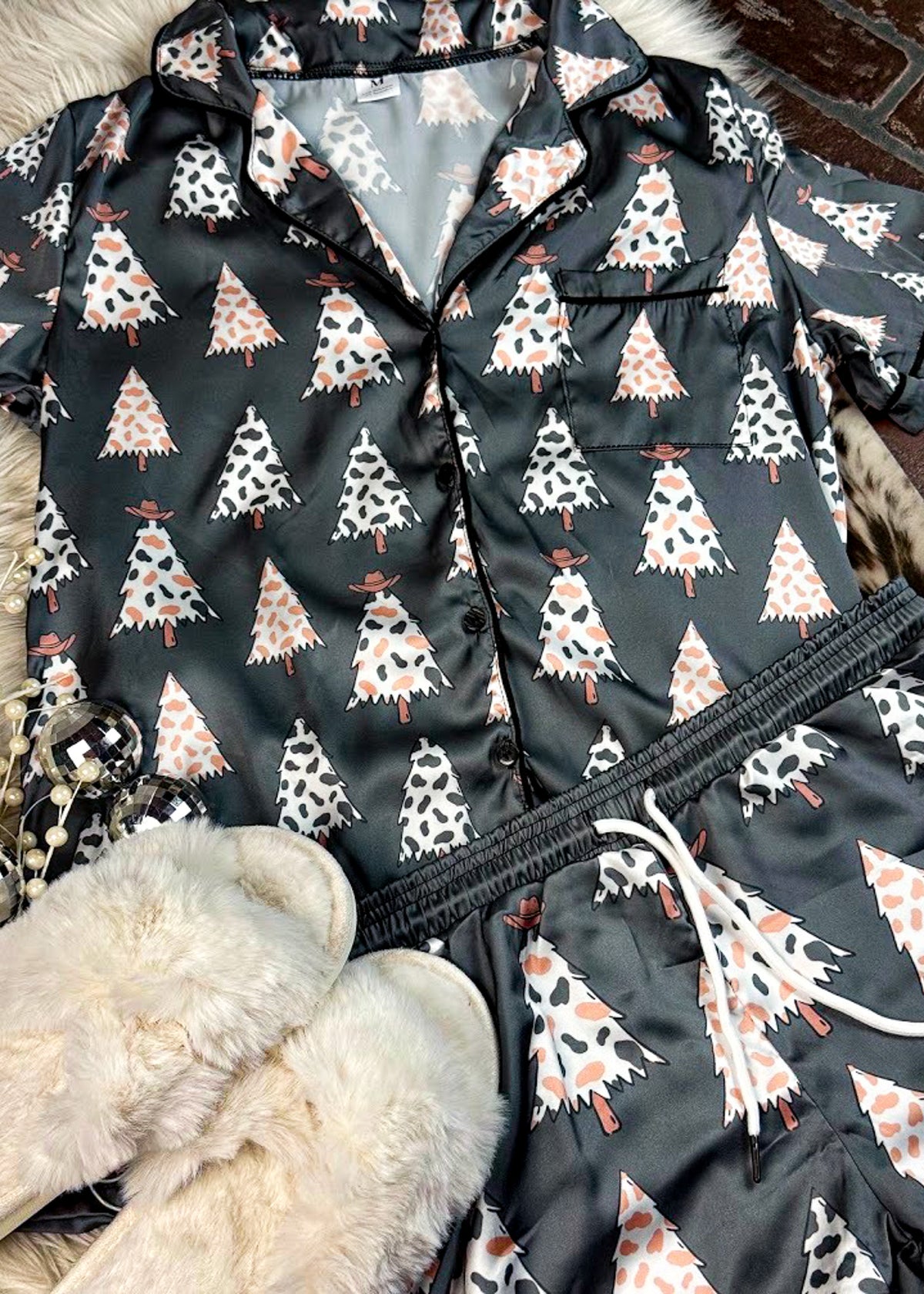 Charcoal Cowprint Christmas Tree Silky Shorts Pajamas silky pajamas - shorts The Cinchy Cowgirl (YC)