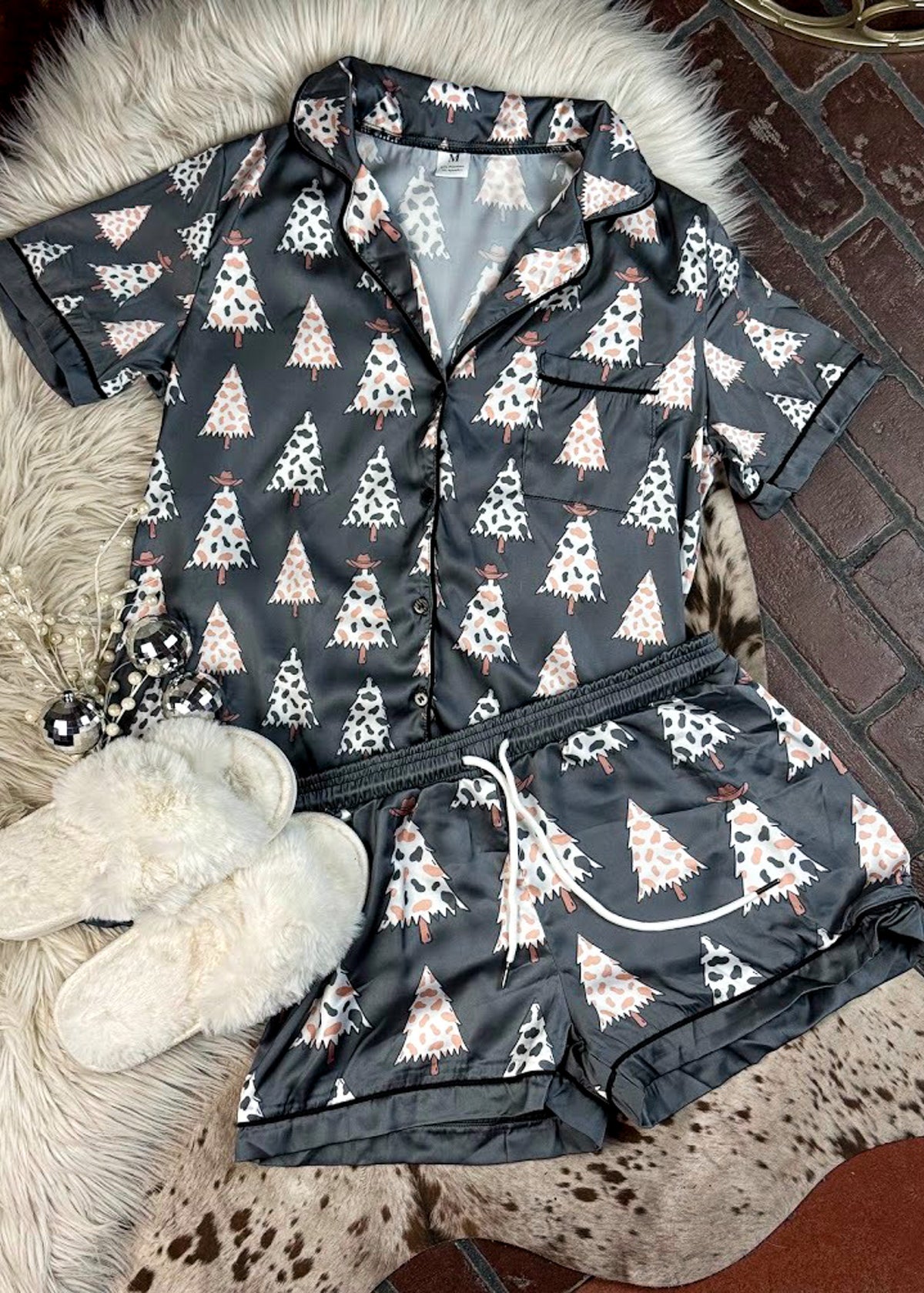 Charcoal Cowprint Christmas Tree Silky Shorts Pajamas silky pajamas - shorts The Cinchy Cowgirl (YC)
