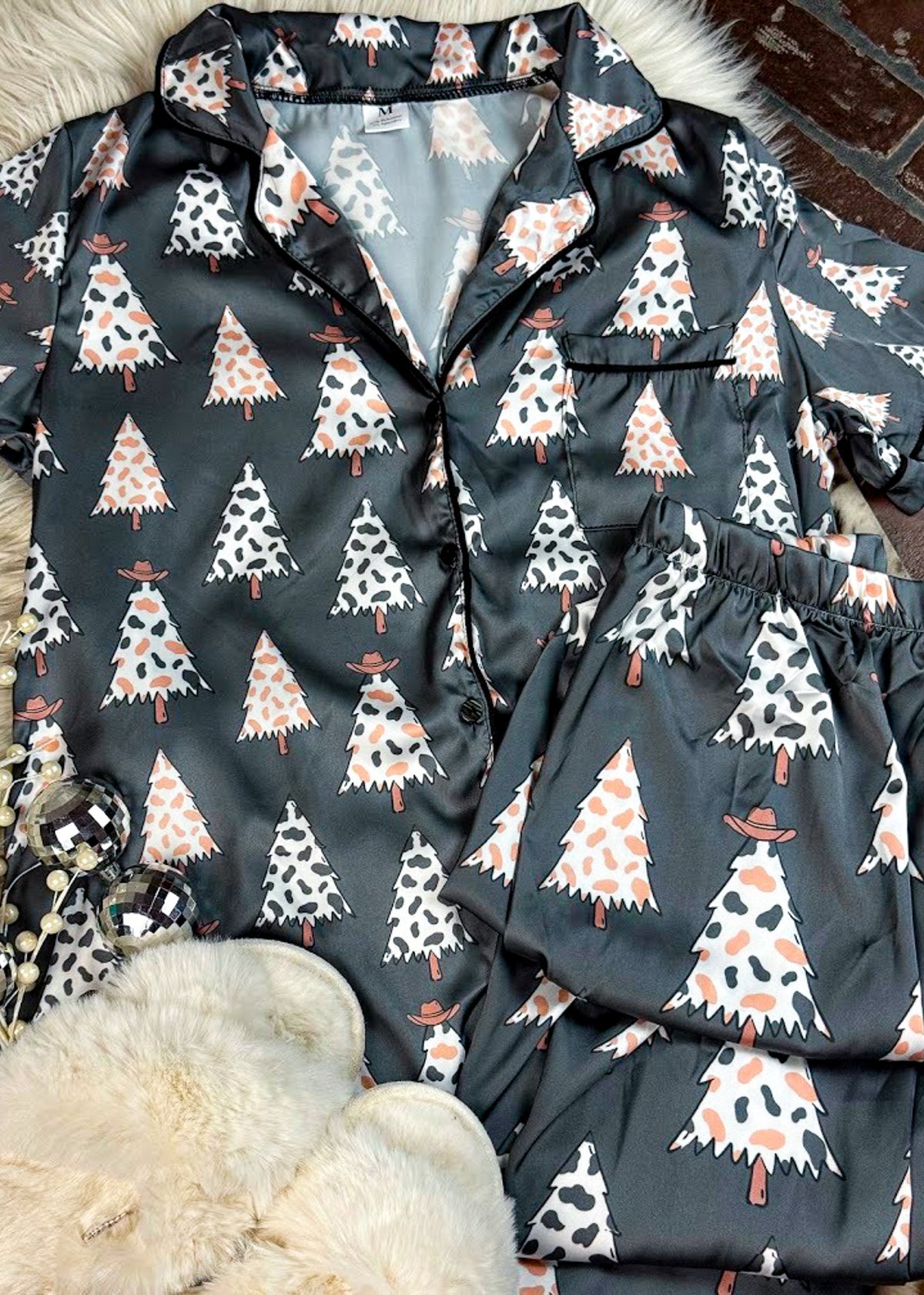 Charcoal Cowprint Christmas Tree Silky Pants Pajamas silky pajamas - pants The Cinchy Cowgirl (YC)