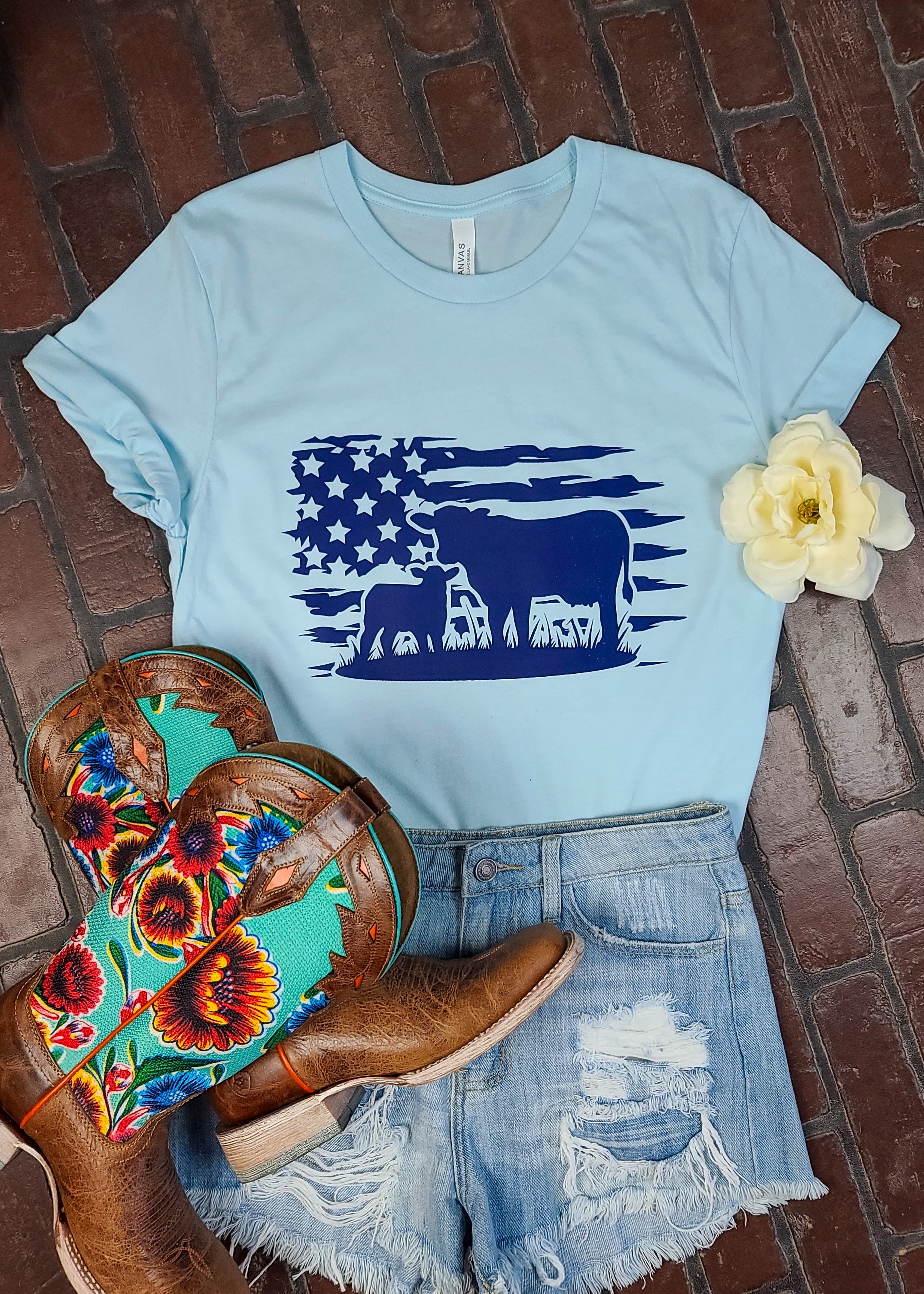 Ice Blue American Cow Graphic Tee tcc graphic tee The Cinchy Cowgirl