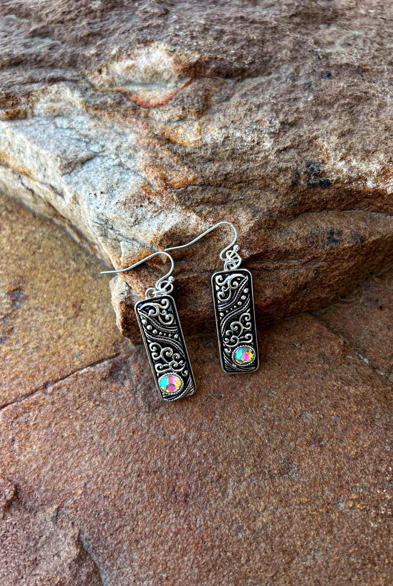 Antique Silver Color with AB Stone Dangle Earrings Earrings Blue Tortoise