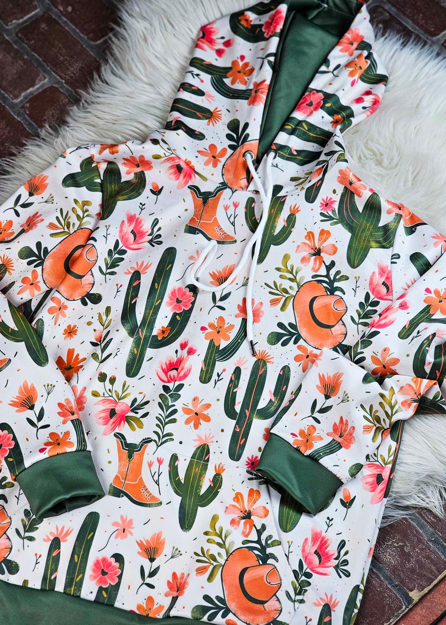 Army Green Cactus Babe Hoodie Women's Pullover Hoodie With Drawstring The Cinchy Cowgirl (YC)