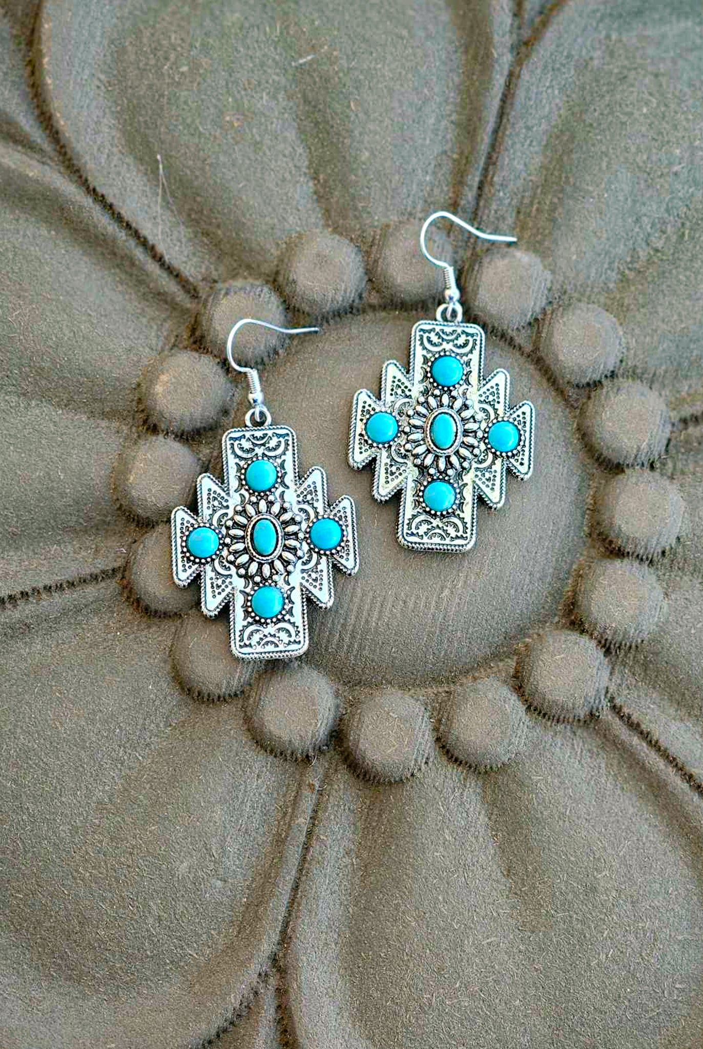 Aztec Design Concho Stone Dangle Earrings Earrings Blue Tortoise