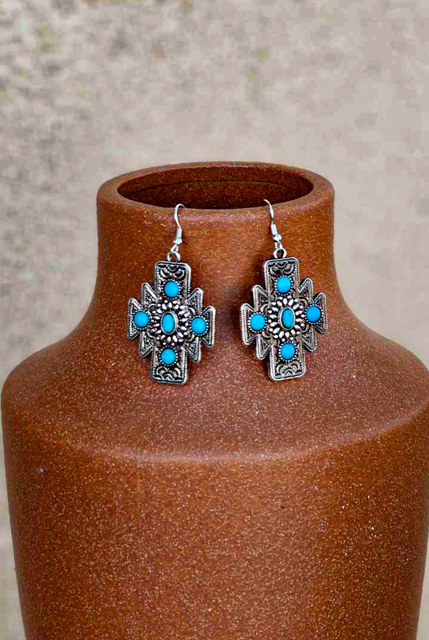 Aztec Design Concho Stone Dangle Earrings Earrings Blue Tortoise