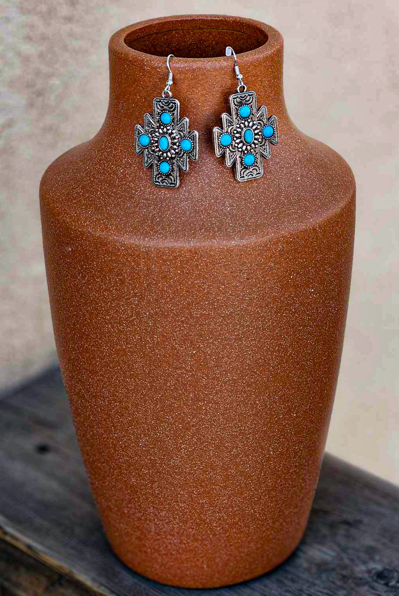 Aztec Design Concho Stone Dangle Earrings Earrings Blue Tortoise