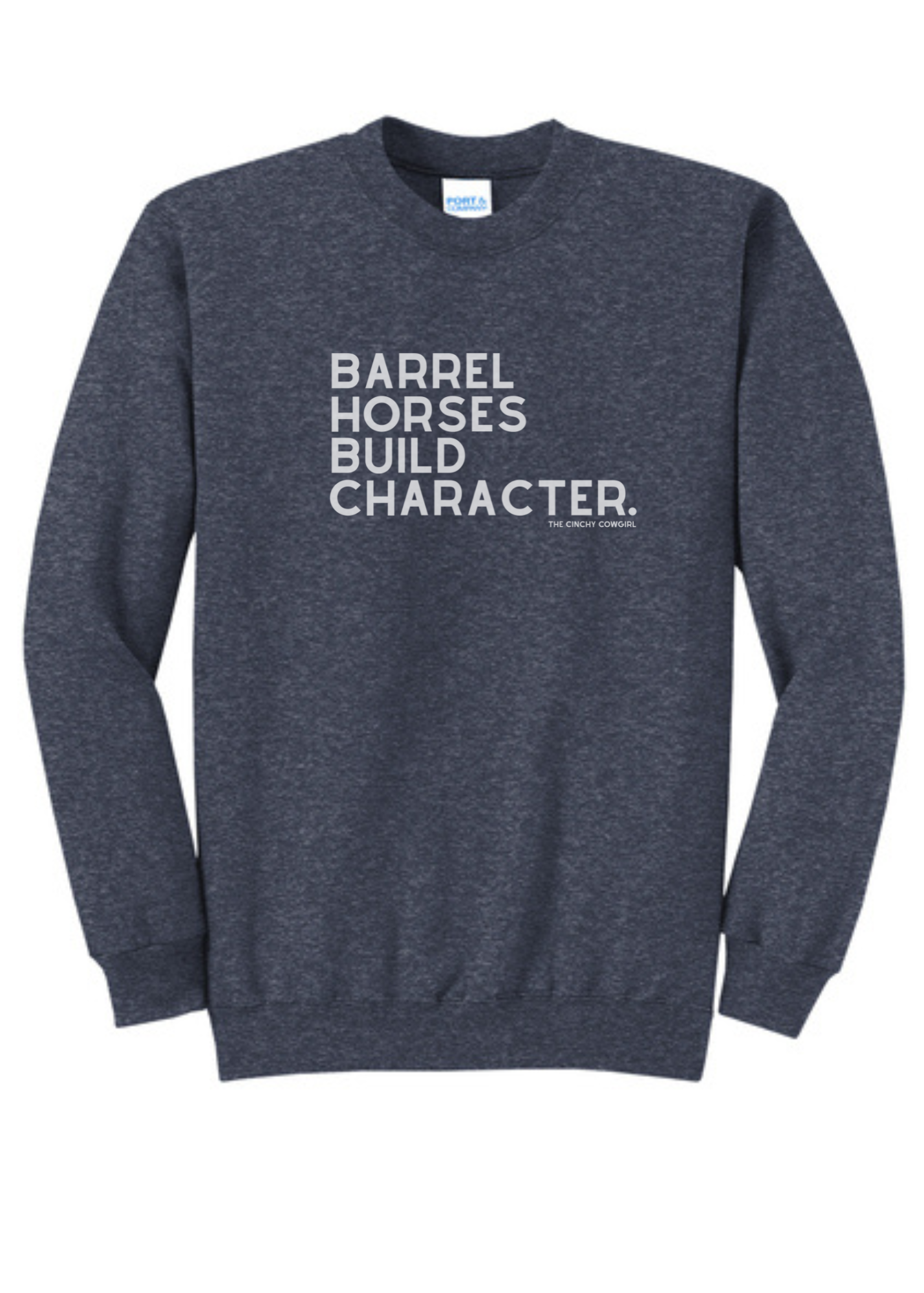 Barrel Horses Build Character Pullover tcc pullover The Cinchy Cowgirl Small Heather Navy
