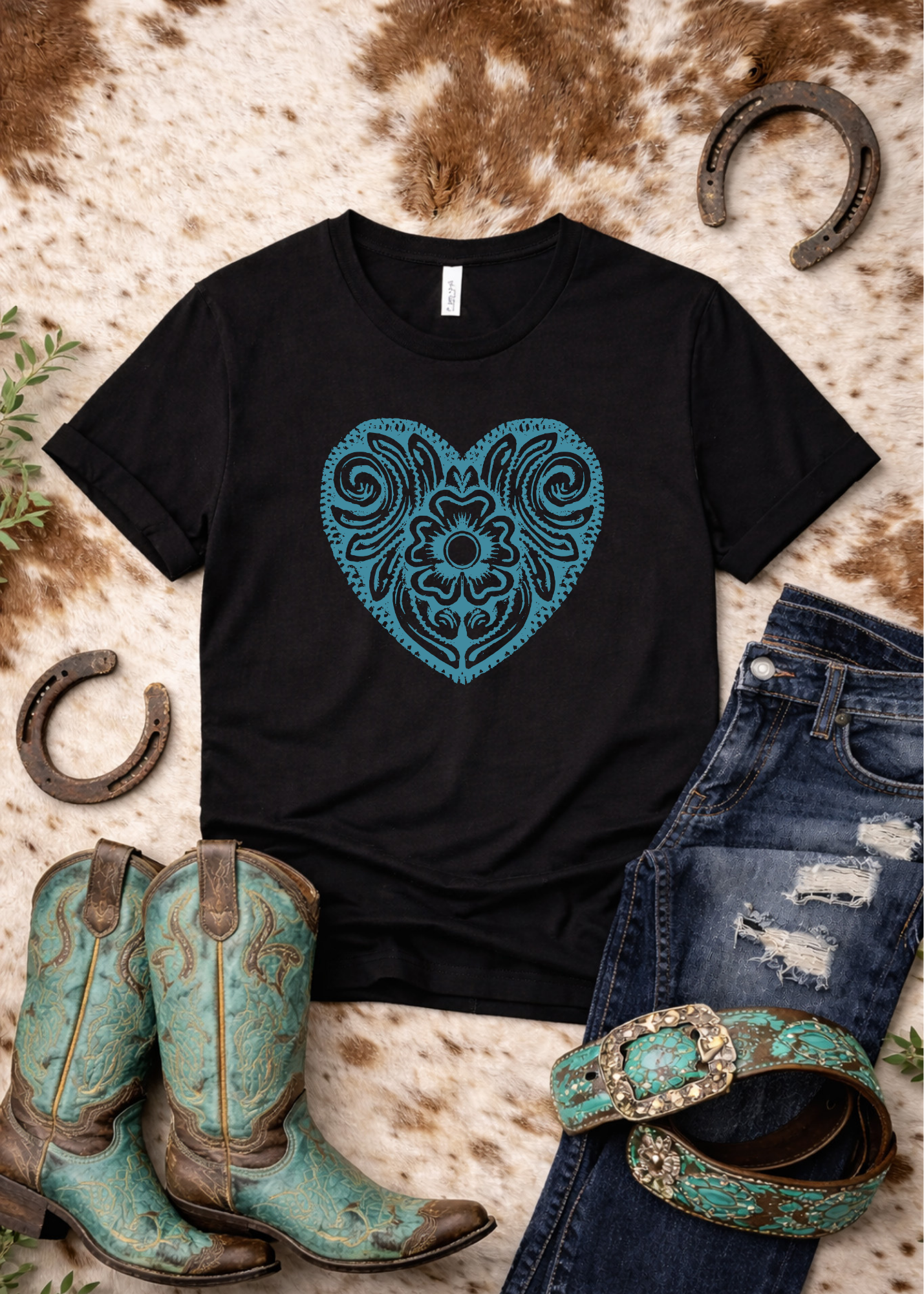 Black Tooled Heart Short Sleeve Graphic Tee tcc graphic tee The Cinchy Cowgirl