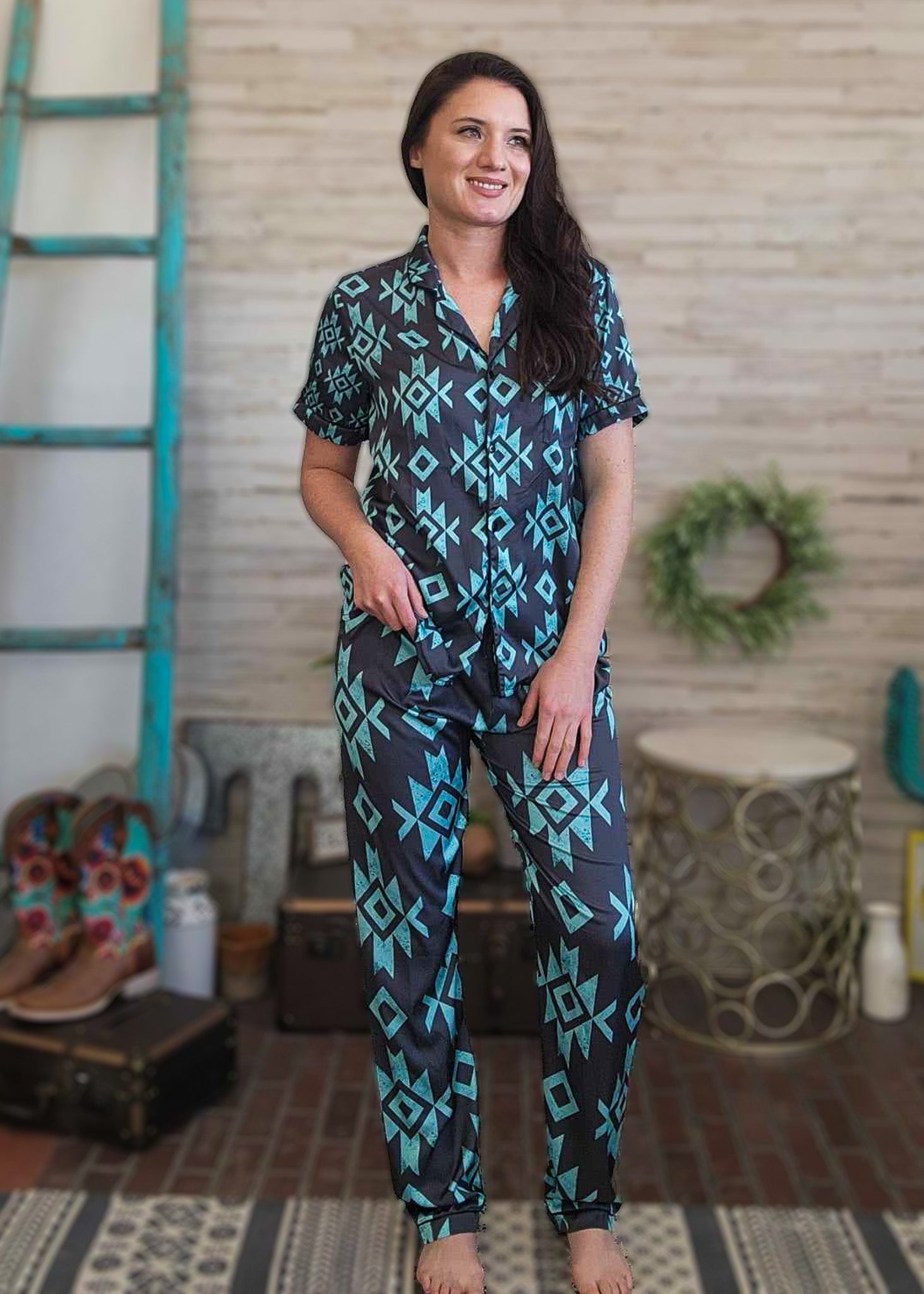 Black & Turquoise Aztec Silky Pajamas pajamas The Cinchy Cowgirl (YC)