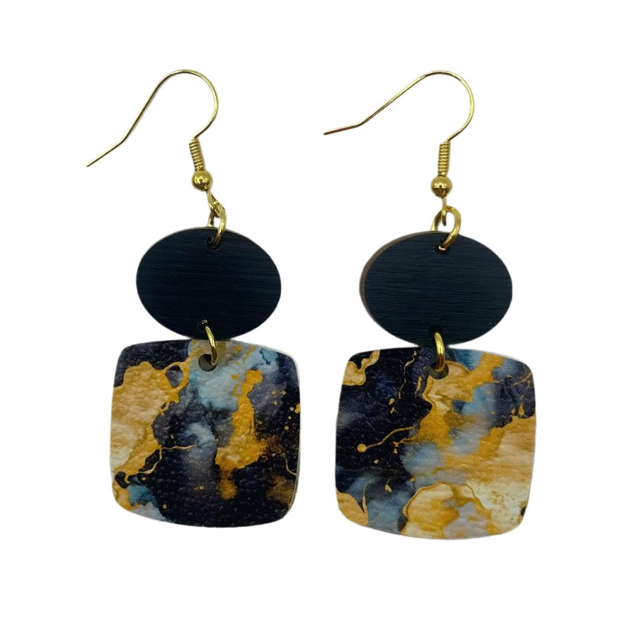 Black and Gold Square Abstract Faux Leather Earrings Earrings Sassy Sage