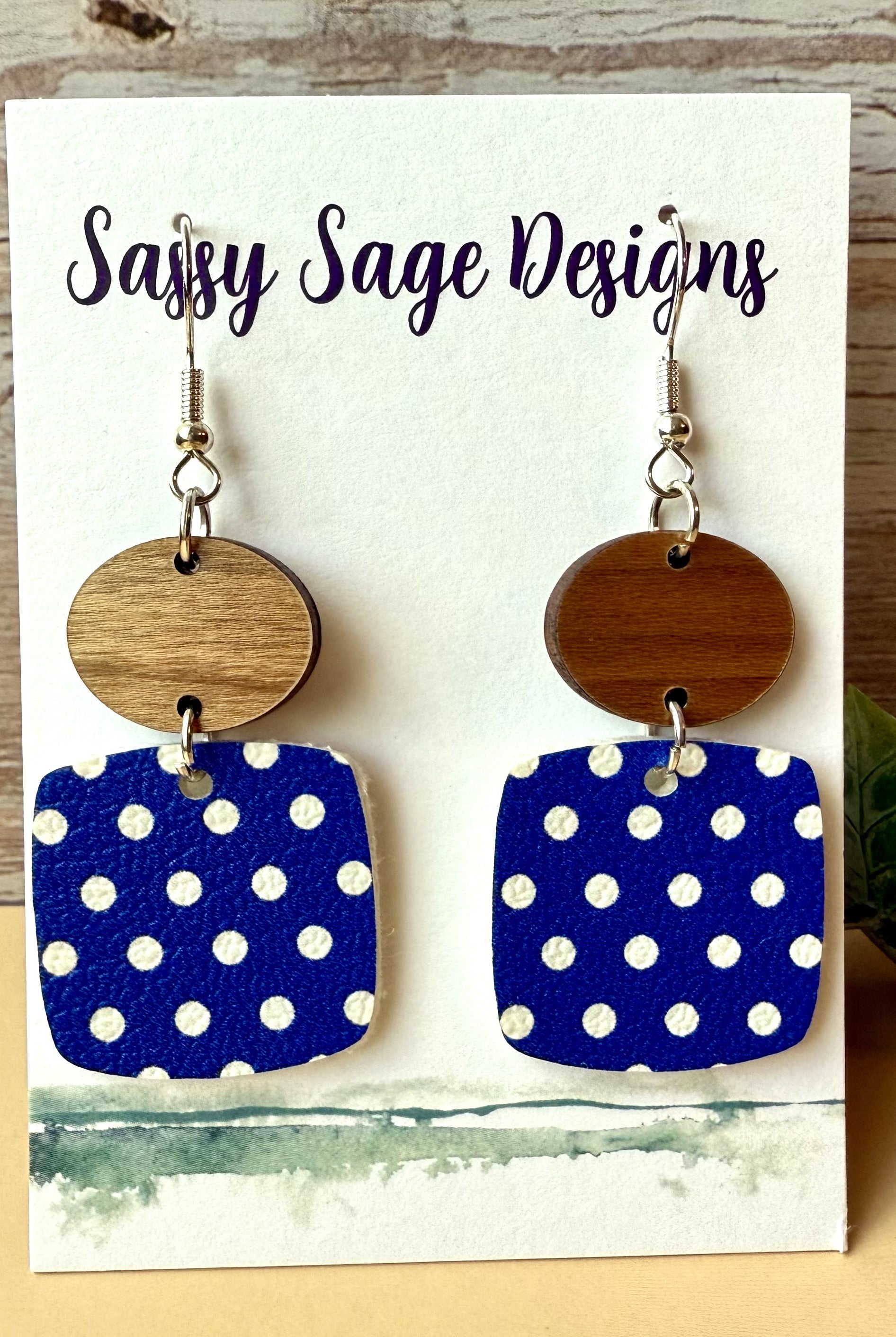 Blue and White Polka Dot Faux Leather Earrings earrings Sassy Sage