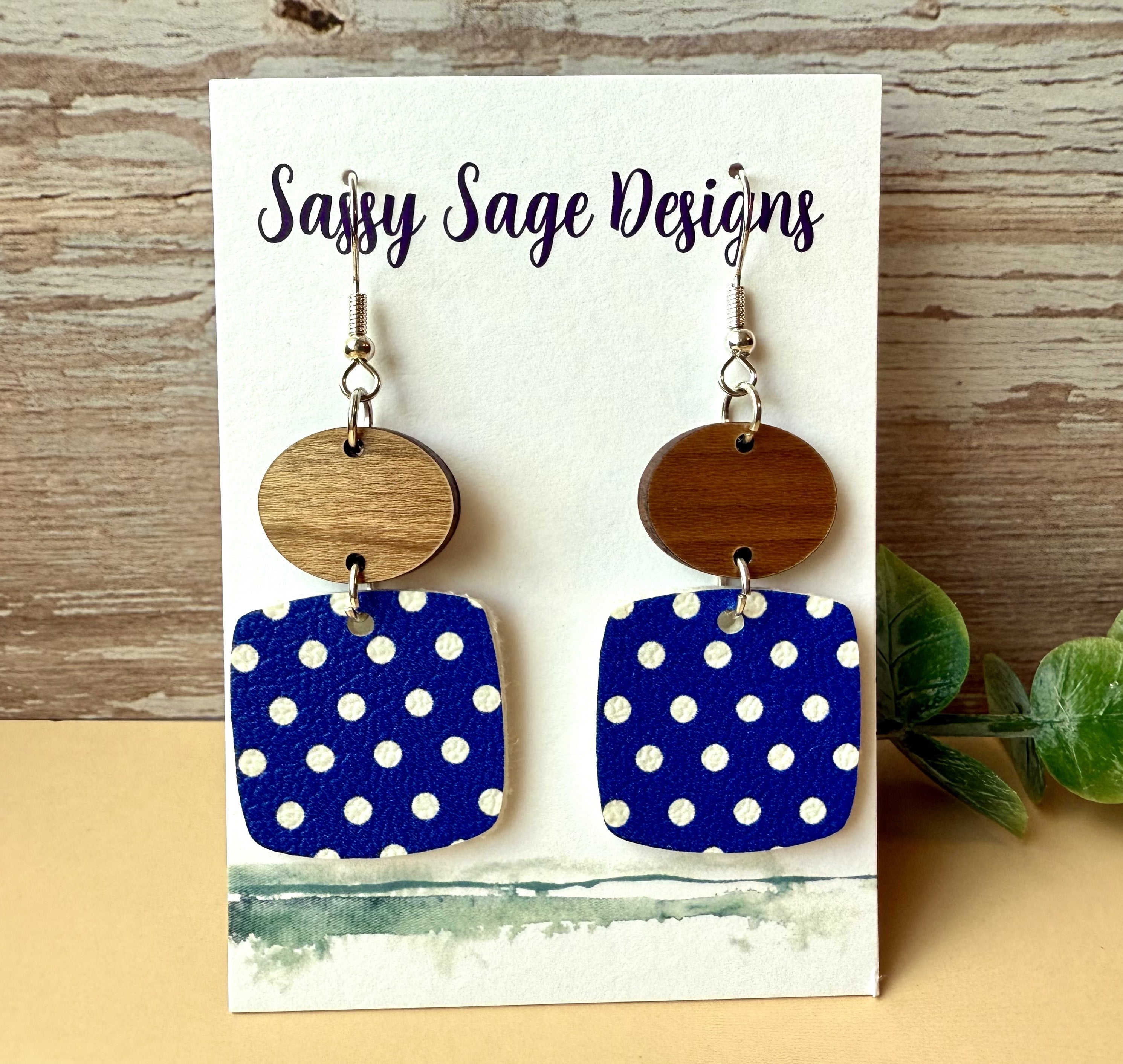 Blue and White Polka Dot Faux Leather Earrings earrings Sassy Sage