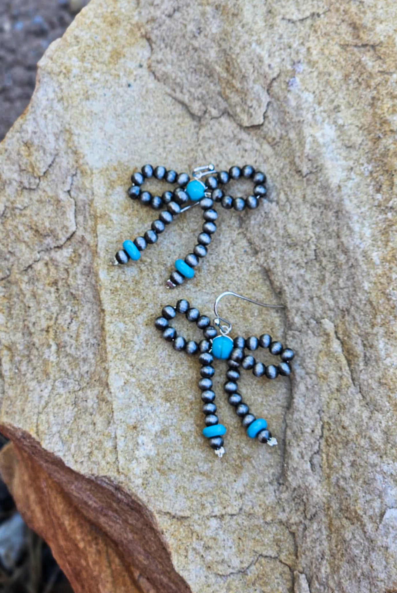 Beaded Bow Dangle Earrings Earrings Blue Tortoise