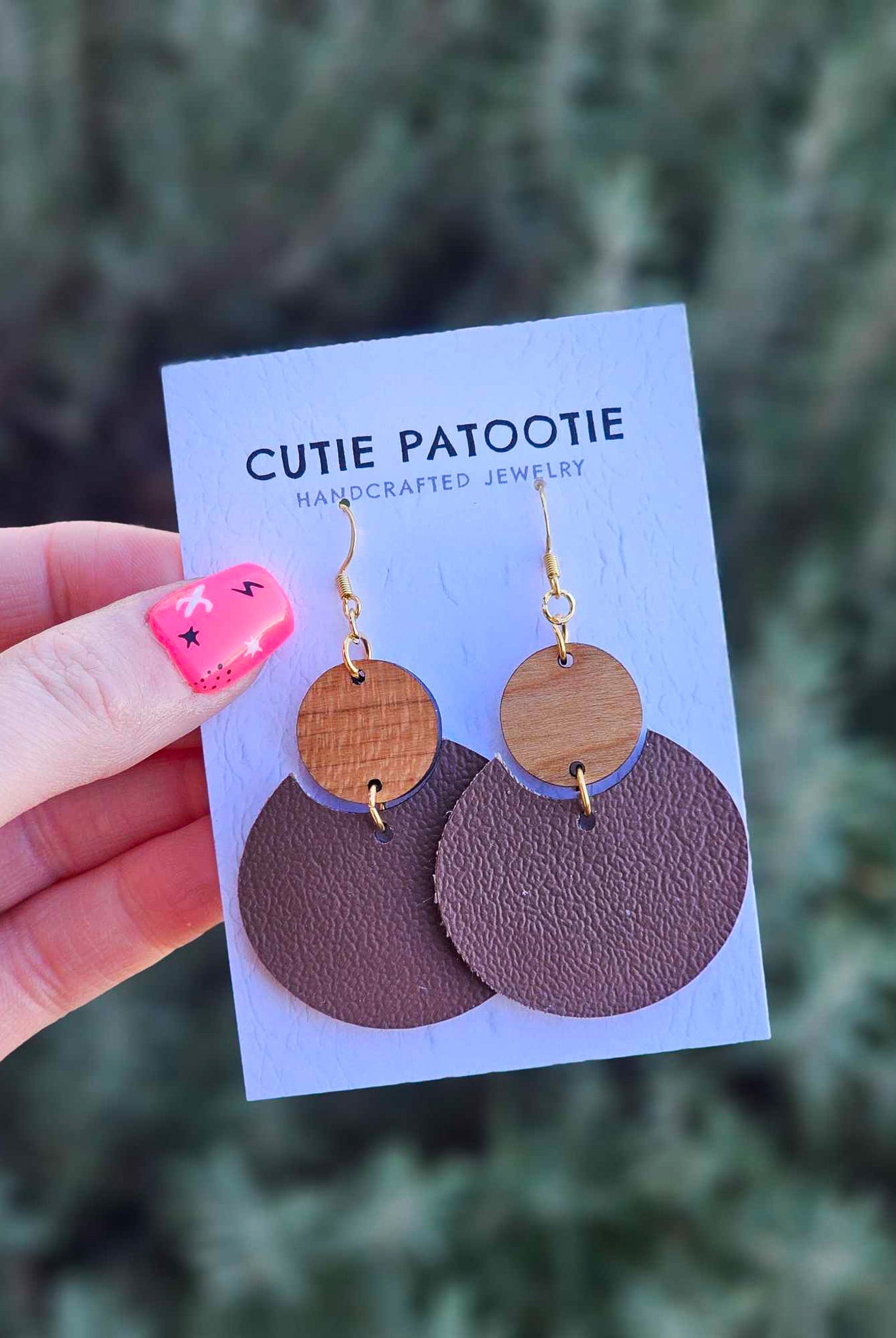 Brown Leather & Wood Handcrafted Earrings Cutie Patootie
