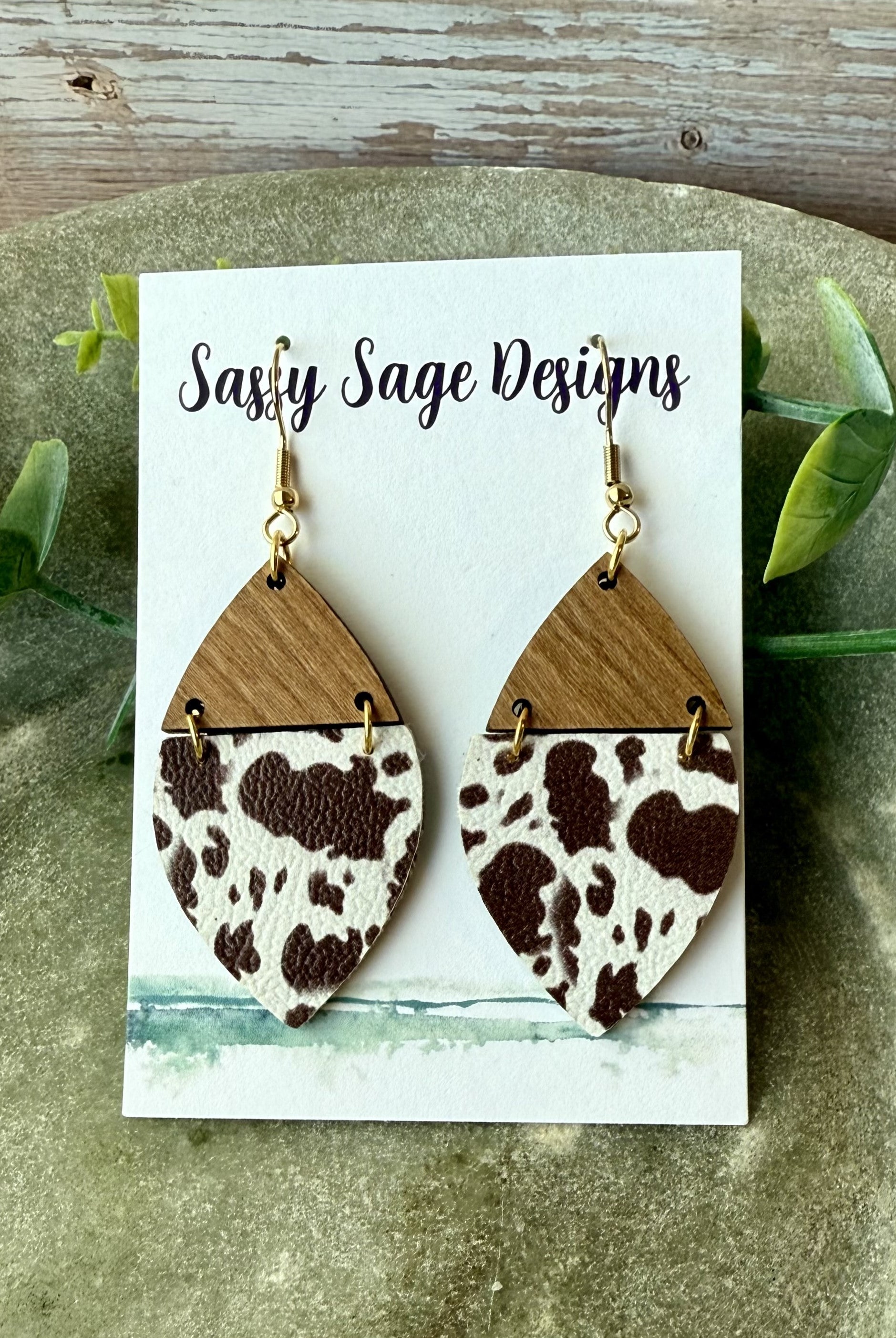 Brown and White Cowhide Faux Leather Earrings Earrings Sassy Sage