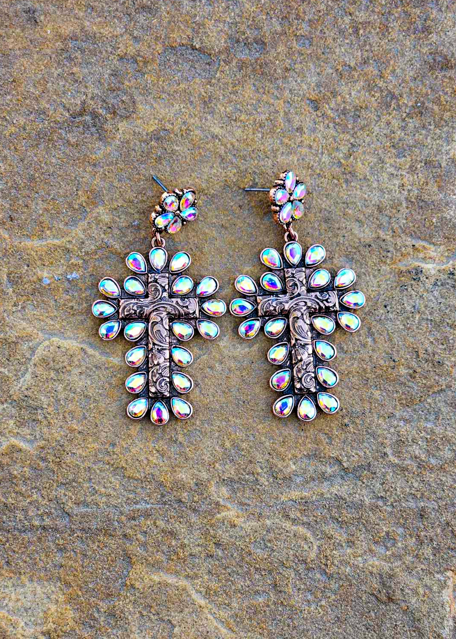 Burnished Copper Color Cross Stone Stud Earring Earrings Blue Tortoise