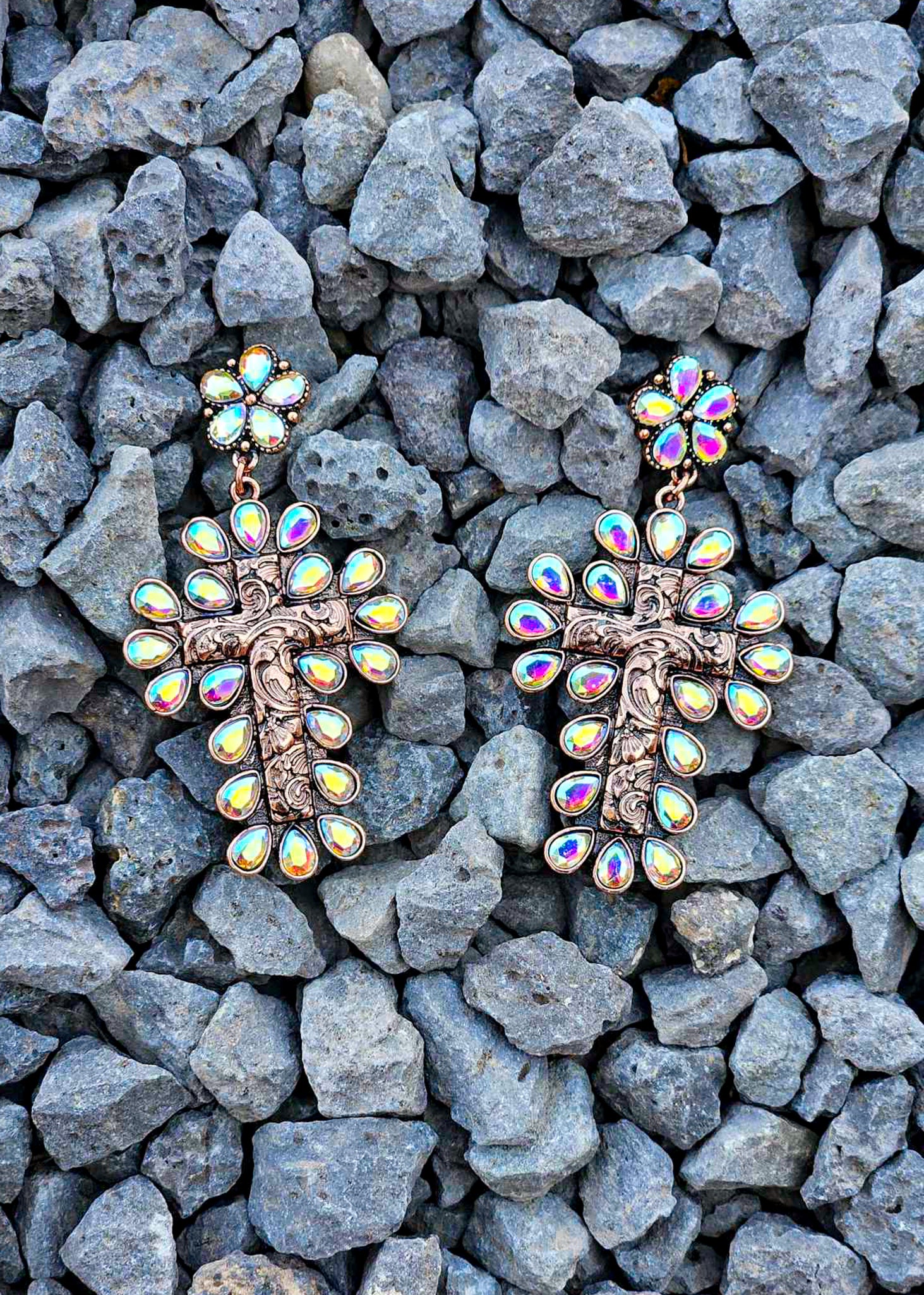 Burnished Copper Color Cross Stone Stud Earring Earrings Blue Tortoise