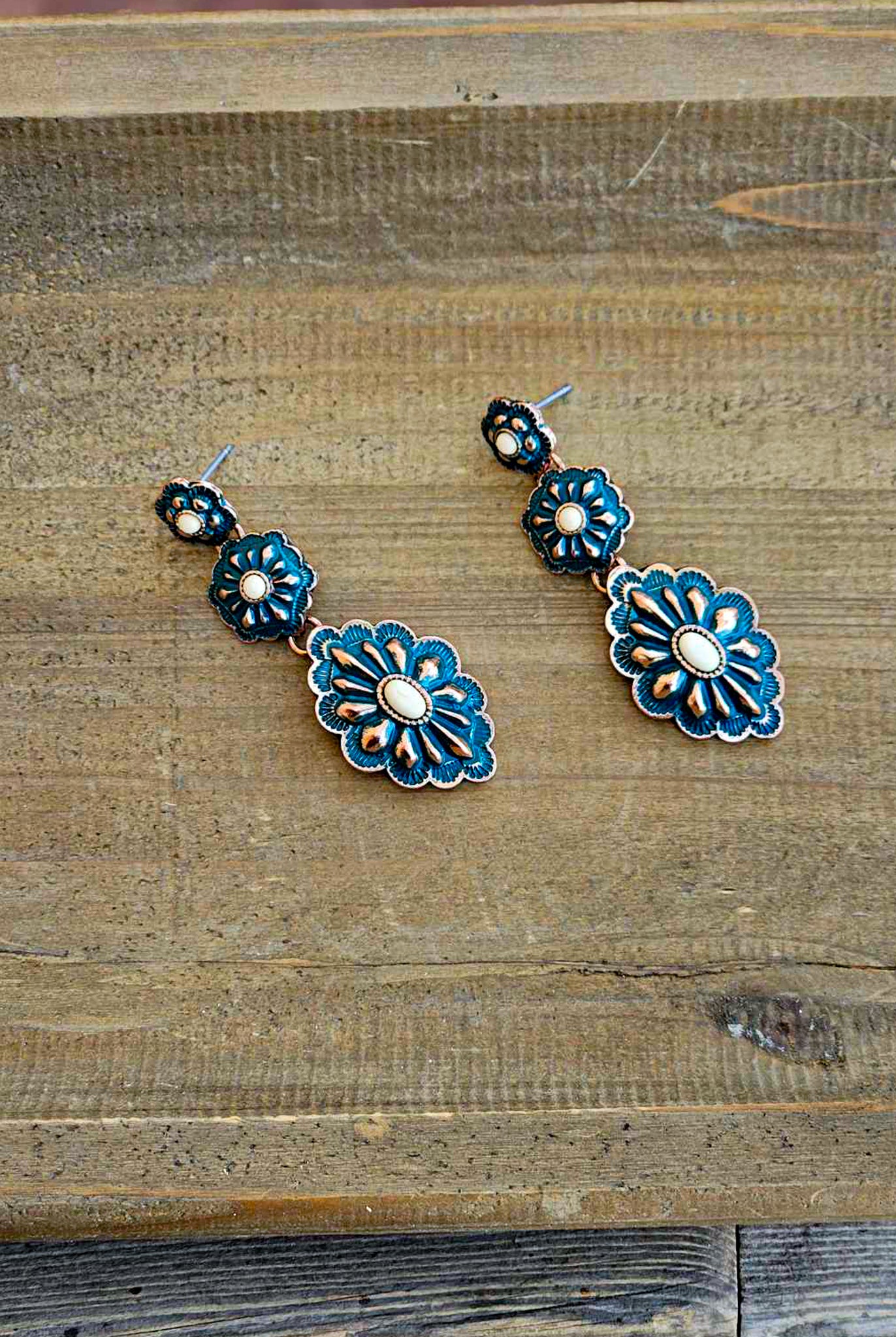 Burnished Patina Concho Drop Stud Earring Earrings Blue Tortoise