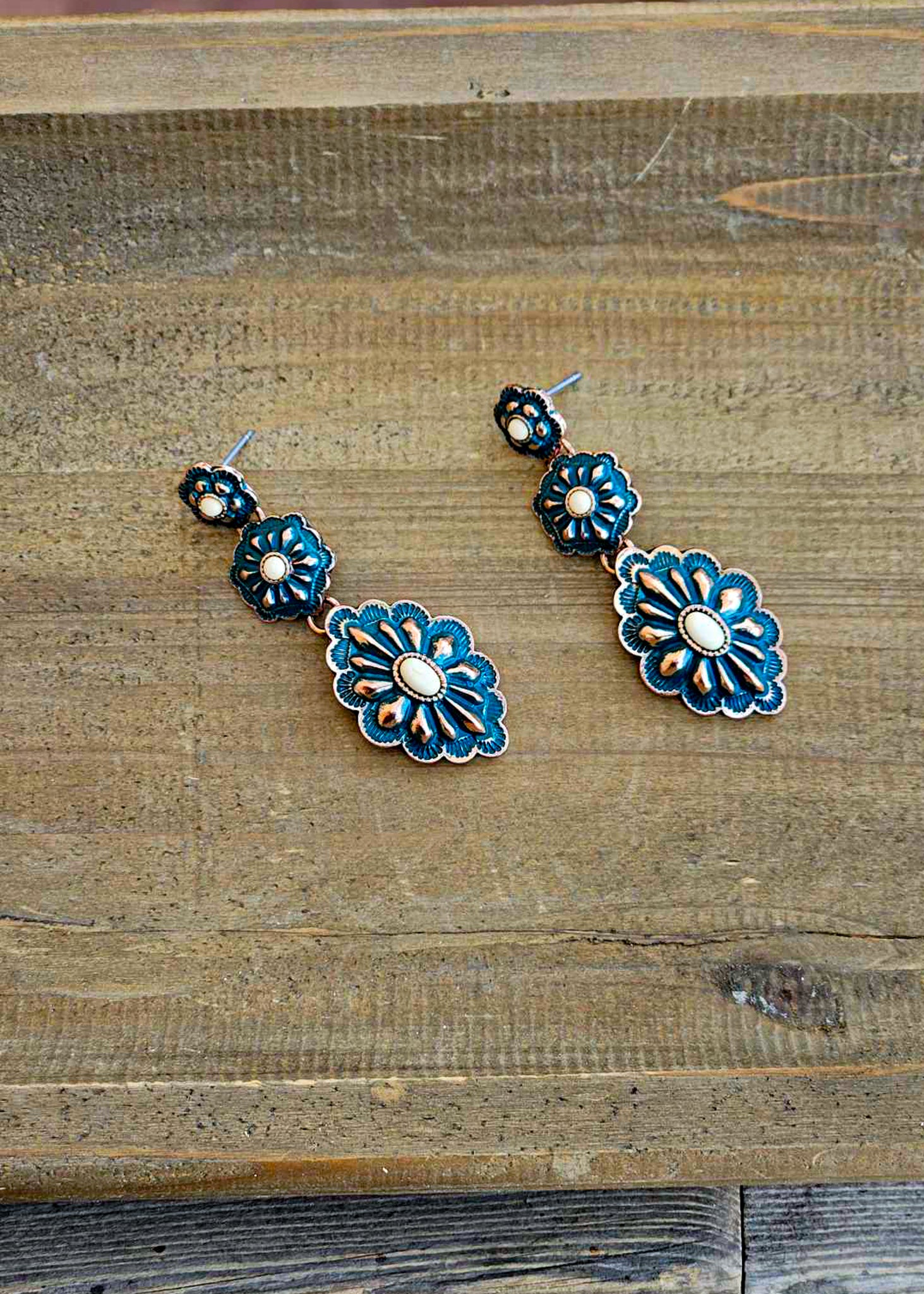 Burnished Patina Concho Drop Stud Earring Earrings Blue Tortoise