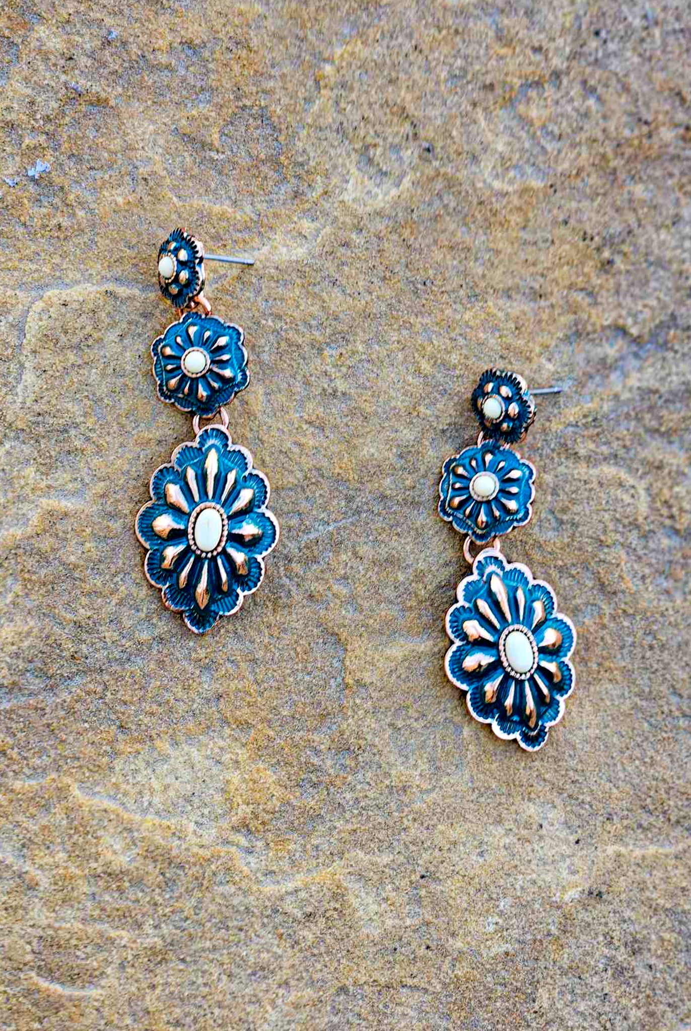 Burnished Patina Concho Drop Stud Earring Earrings Blue Tortoise