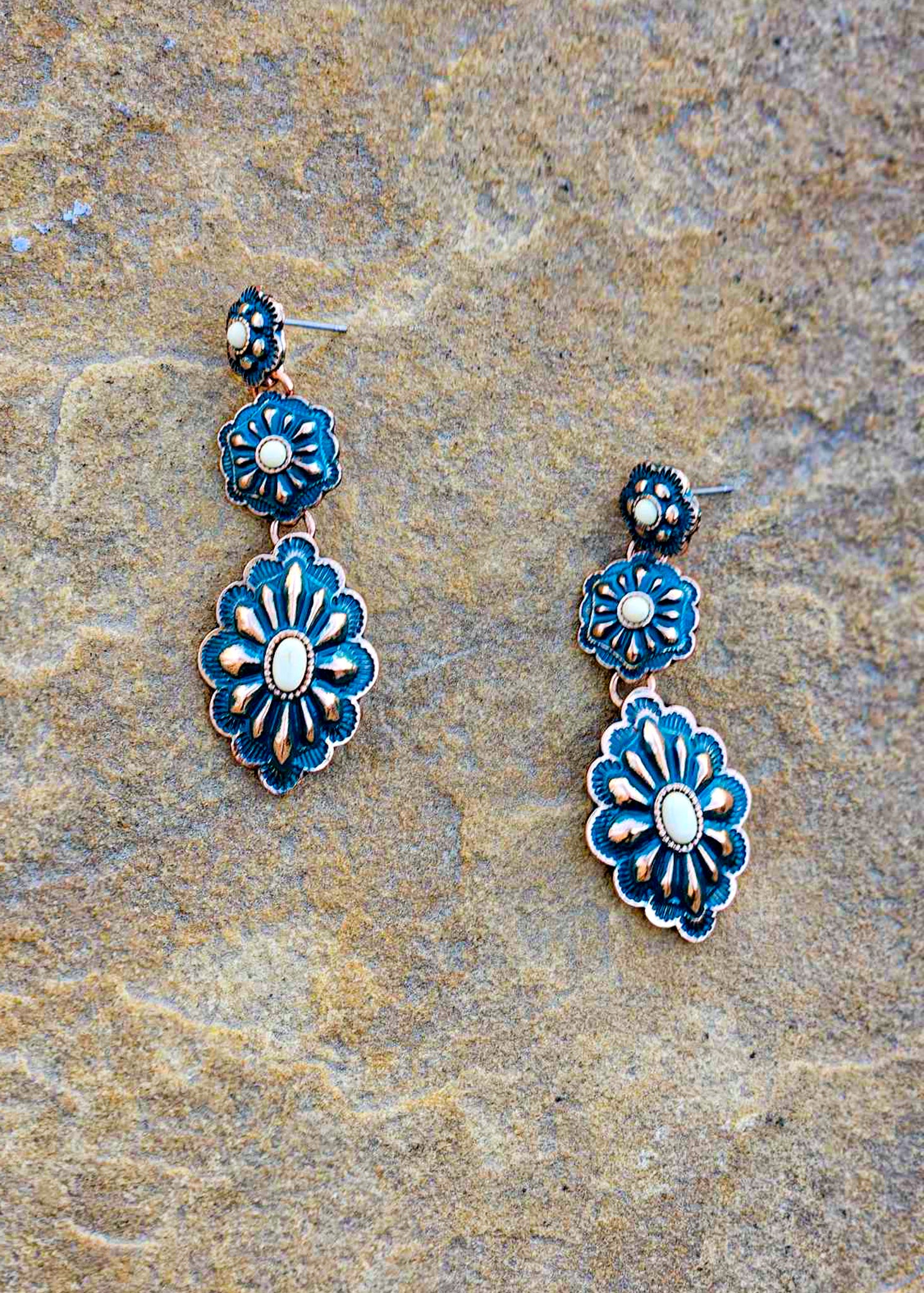 Burnished Patina Concho Drop Stud Earring Earrings Blue Tortoise