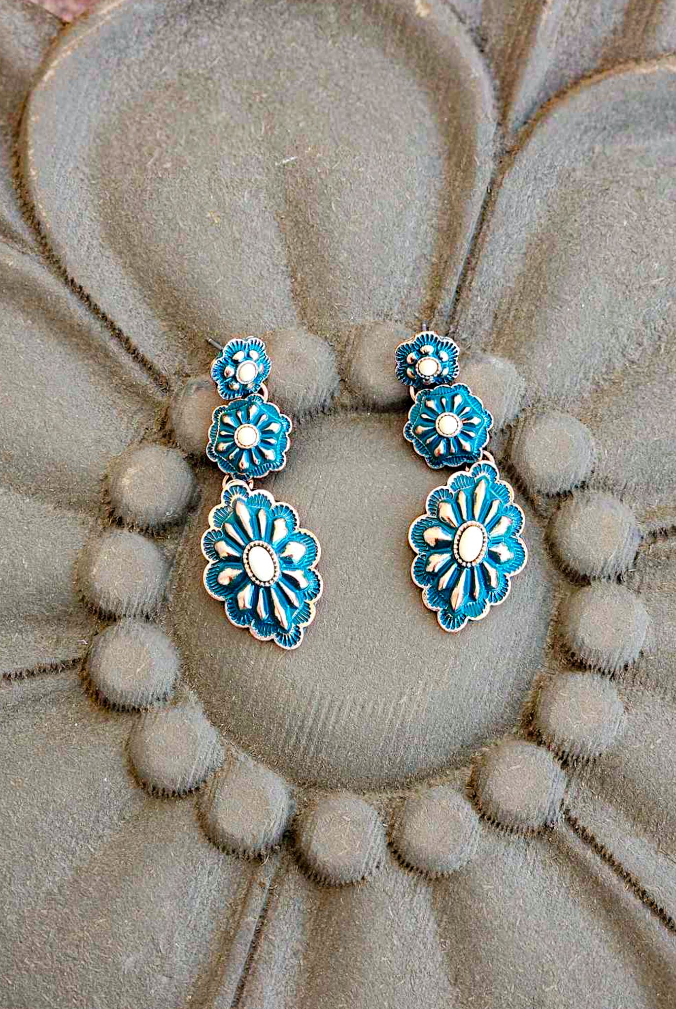 Burnished Patina Concho Drop Stud Earring Earrings Blue Tortoise