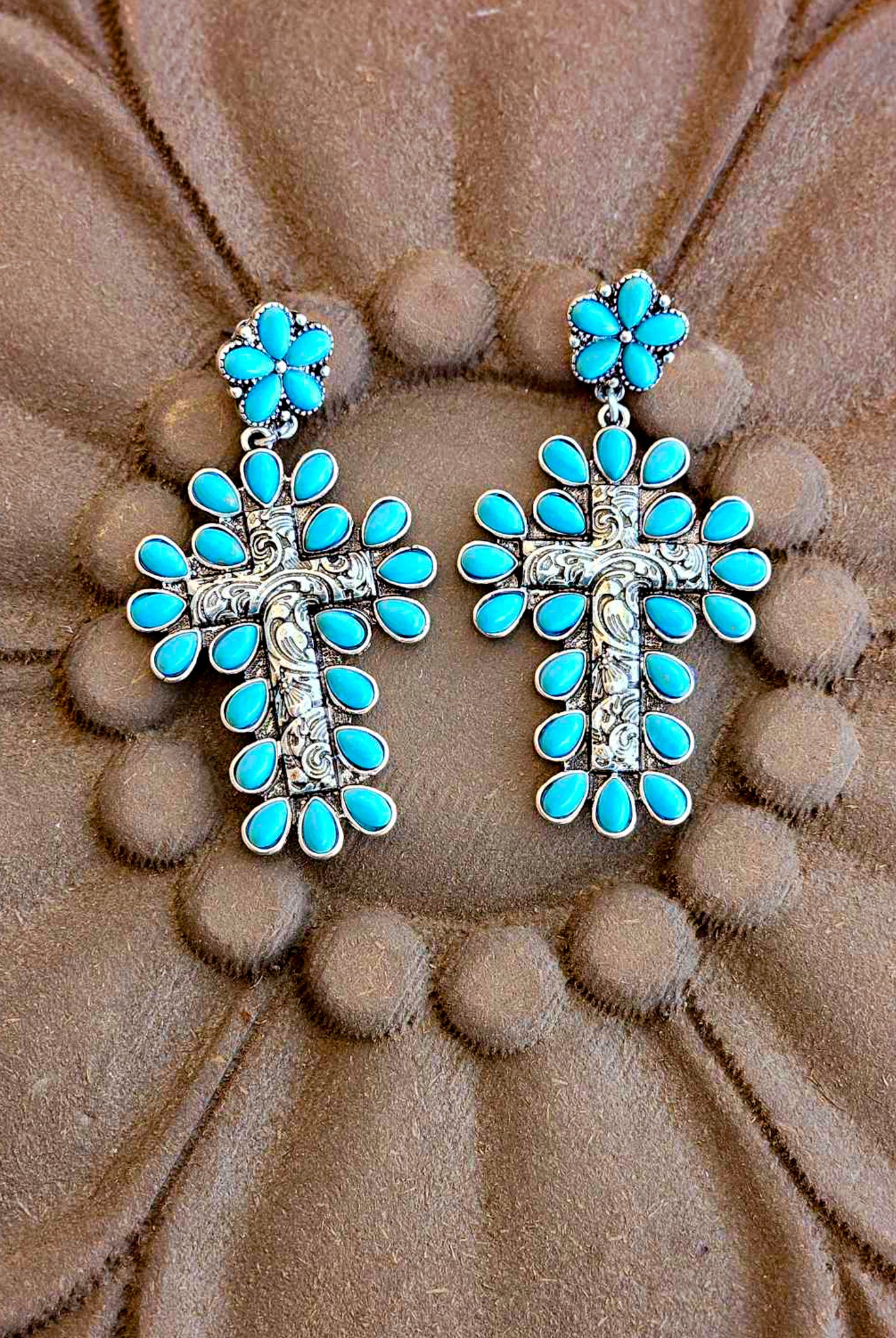 Burnished Silver and Turquoise Color Cross Stone Stud Earring Earrings Blue Tortoise
