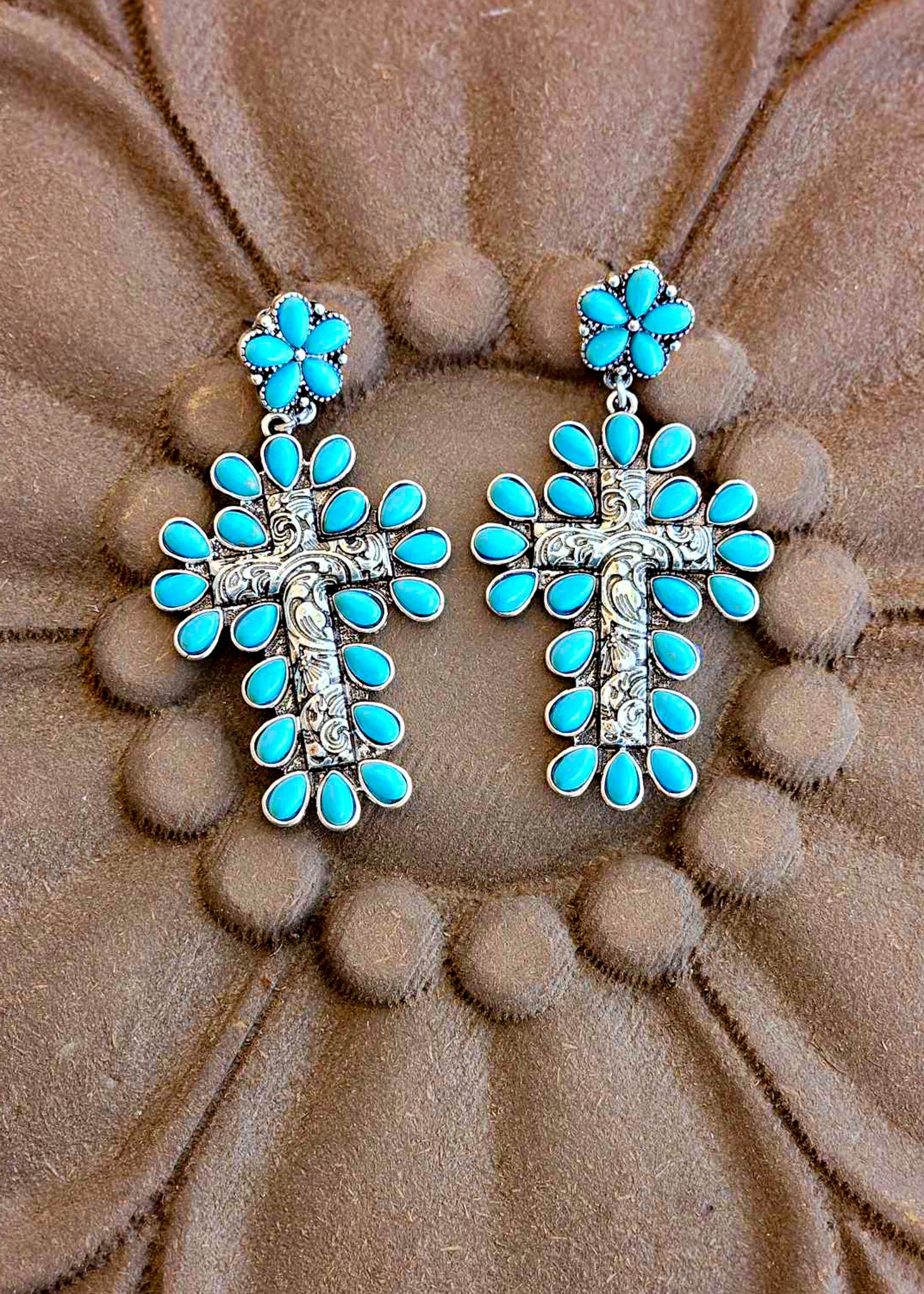 Burnished Silver and Turquoise Color Cross Stone Stud Earring Earrings Blue Tortoise
