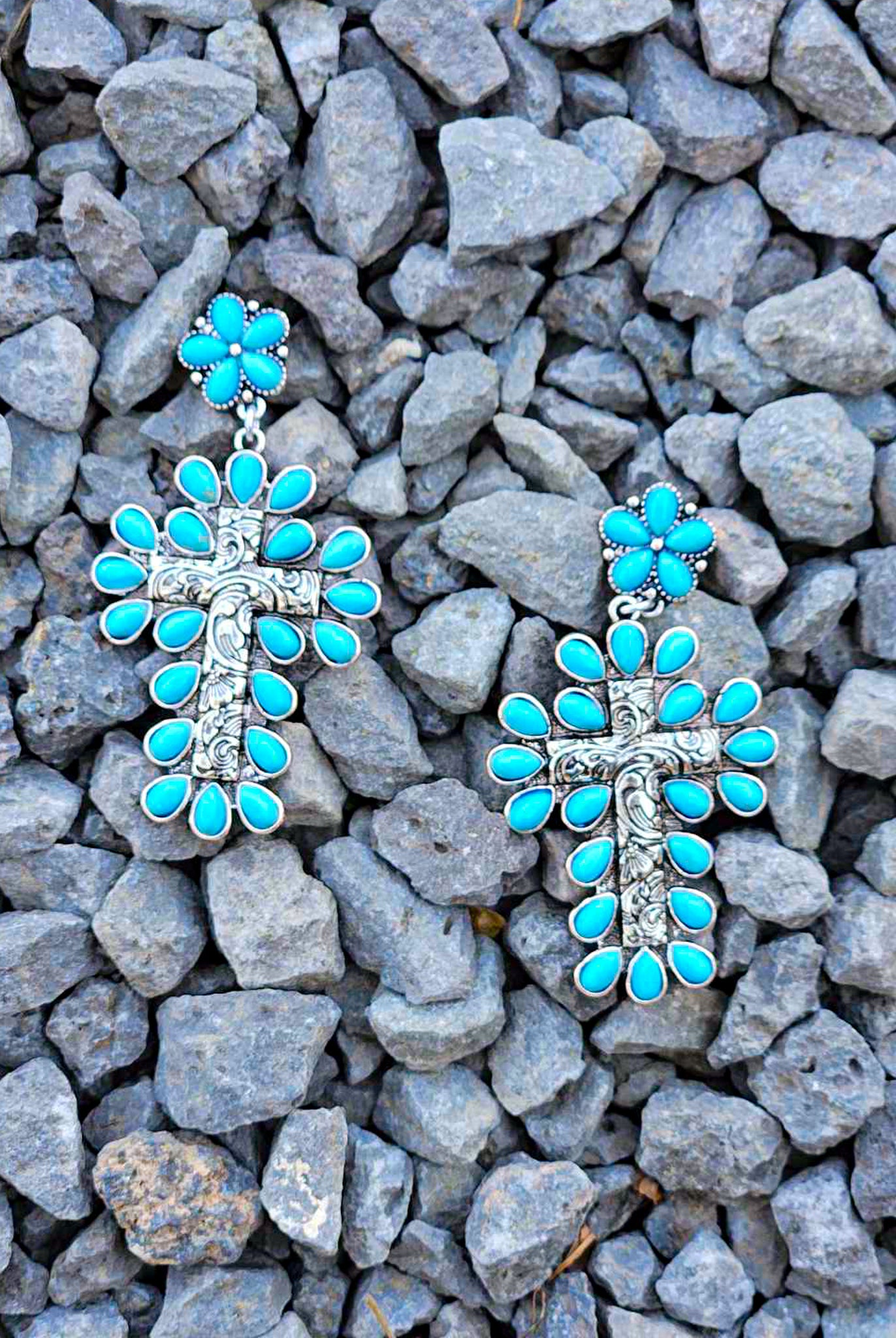 Burnished Silver and Turquoise Color Cross Stone Stud Earring Earrings Blue Tortoise